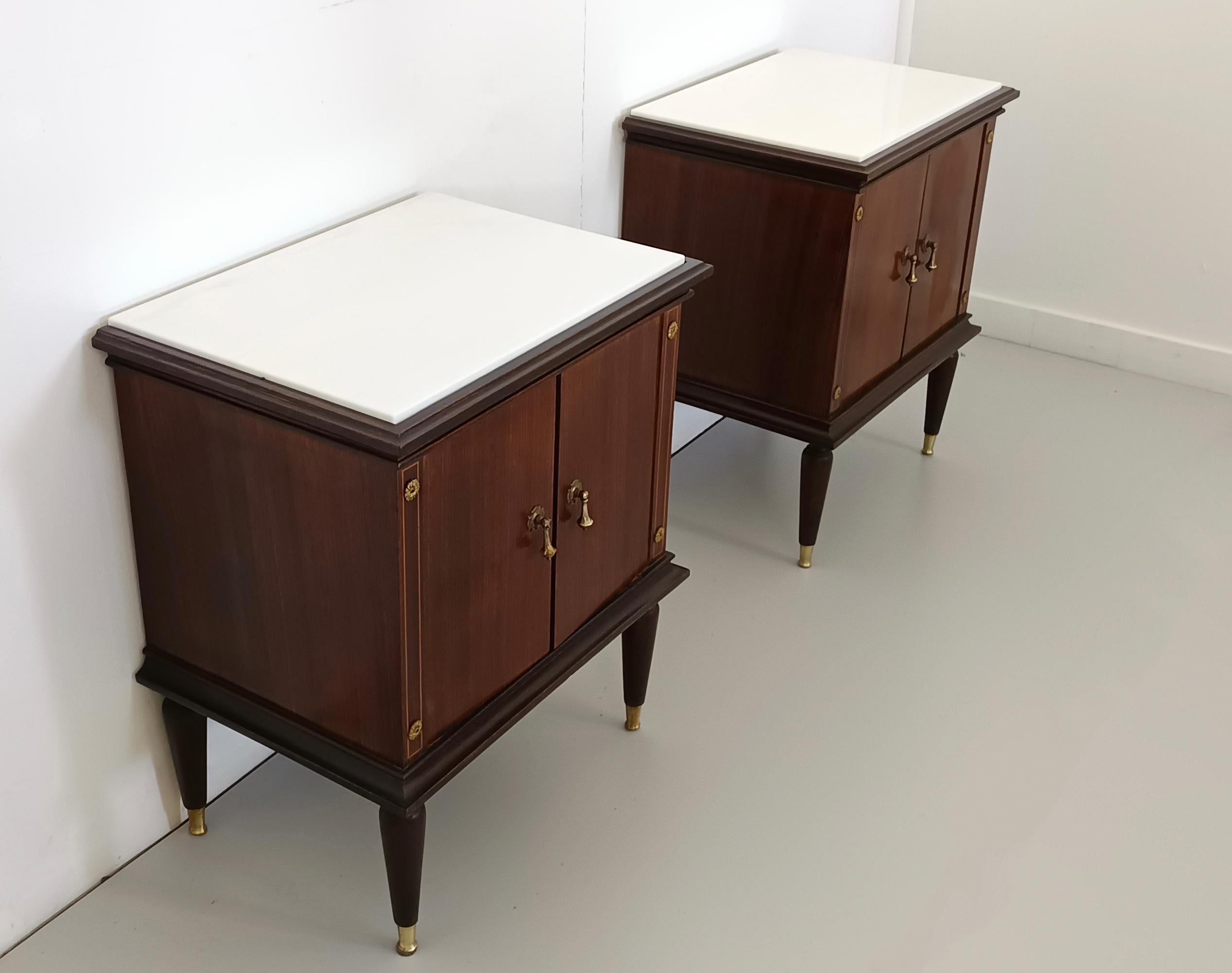 Ebonized Pair of Black Walnut Nightstands with Marble Top ascr. to Paolo Buffa, Italy For Sale