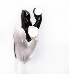 1980 French J.C. Peiré Pair of Black & White Ceramic Biceps Wall Lights