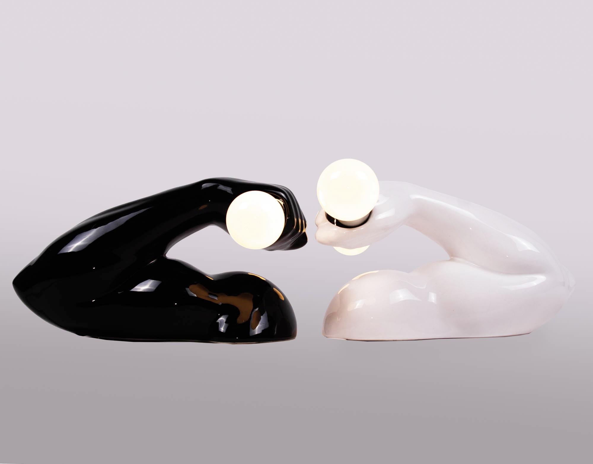 1980 French J.C. Peiré Pair of Black & White Ceramic Biceps Wall Lights For Sale 2