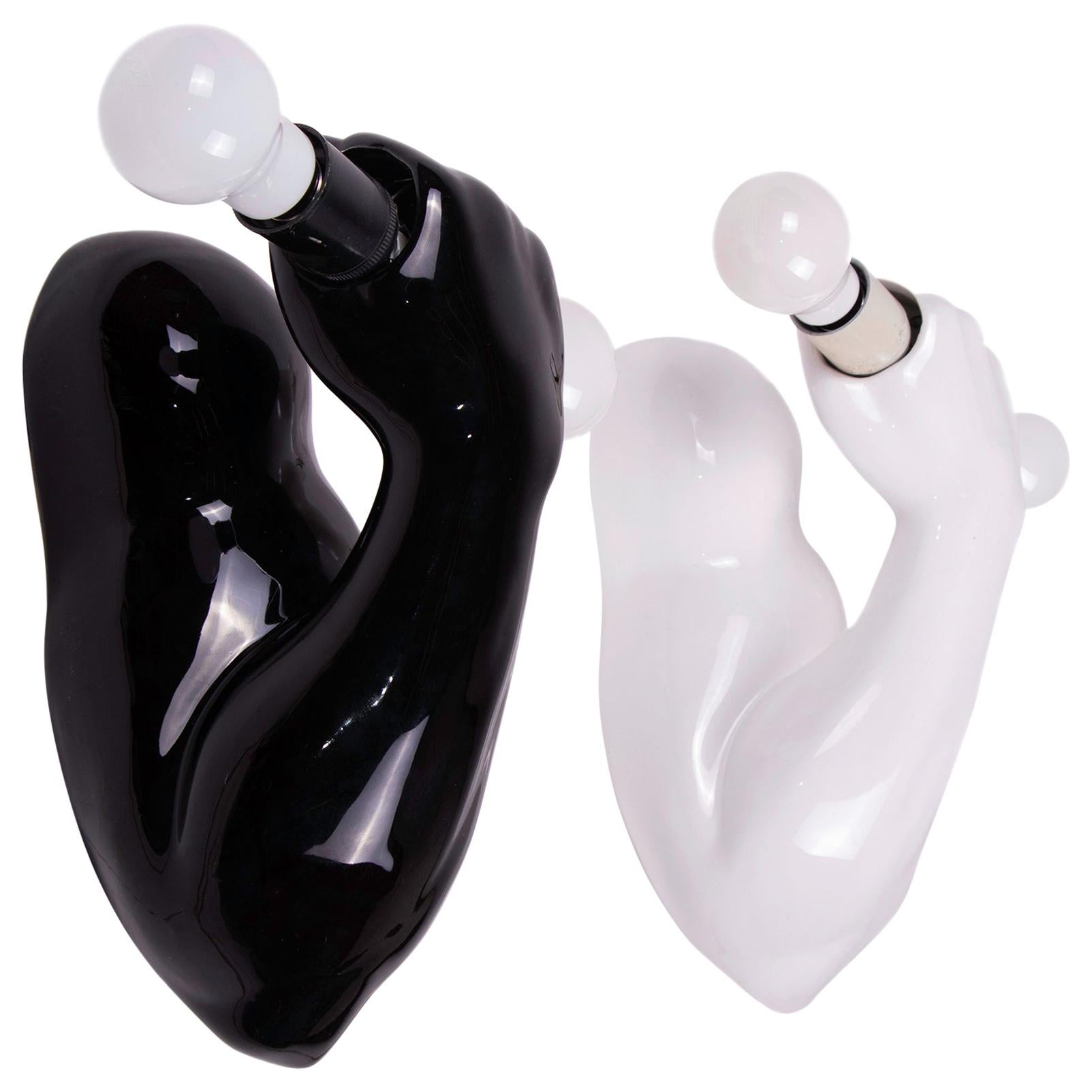 1980 French J.C. Peiré Pair of Black & White Ceramic Biceps Wall Lights For Sale
