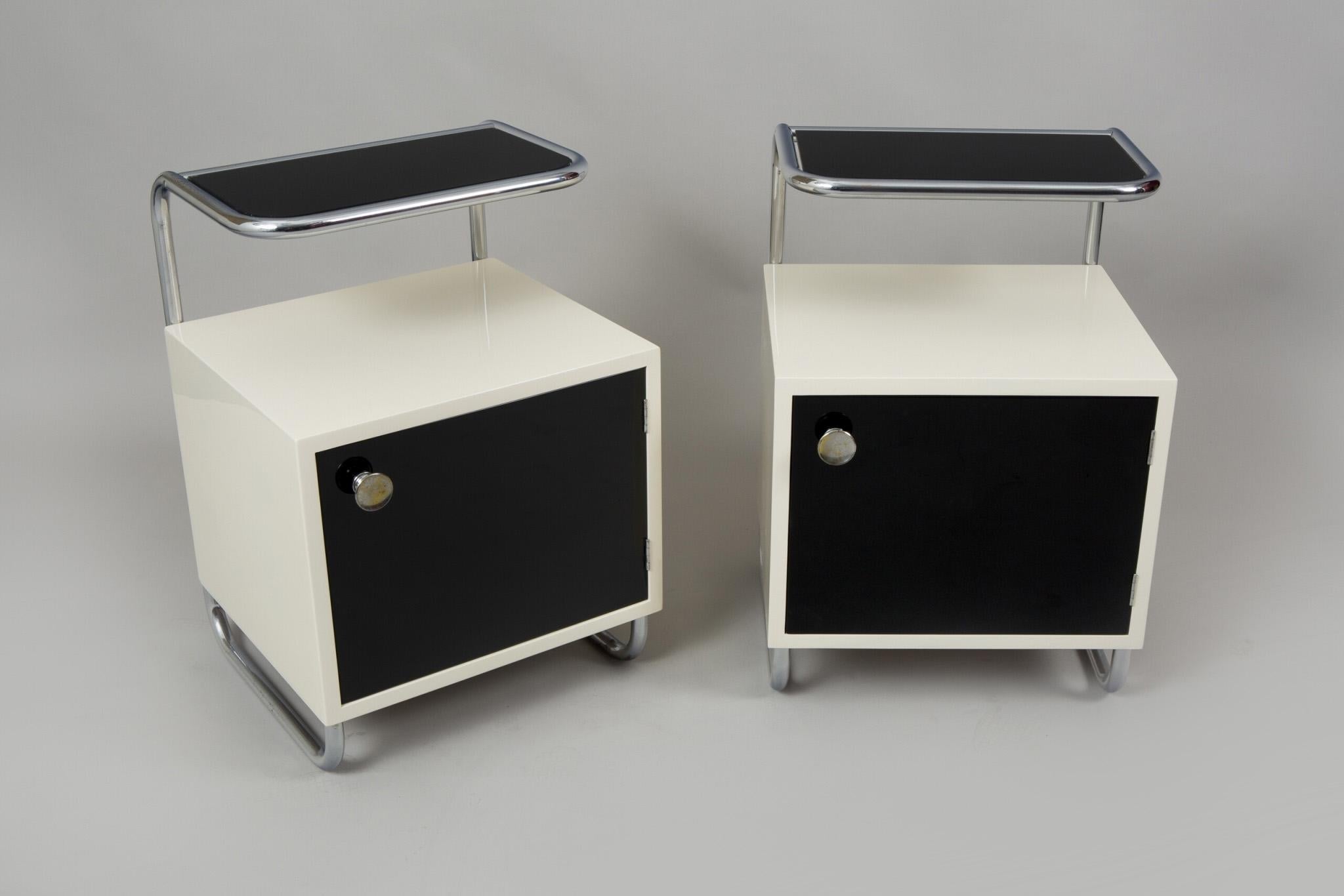 Art Deco Pair of Black & White Functionalism Bed-Side Tables, Vichr a Spol Made, Czechia For Sale