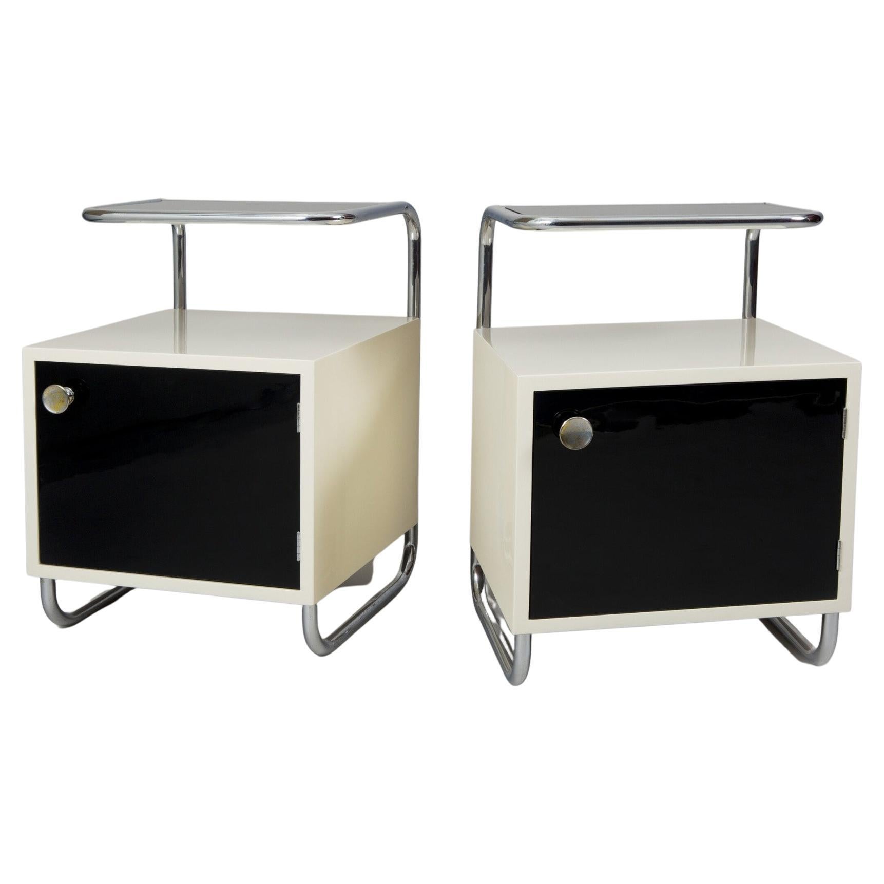 Pair of Black & White Functionalism Bed-Side Tables, Vichr a Spol Made, Czechia For Sale
