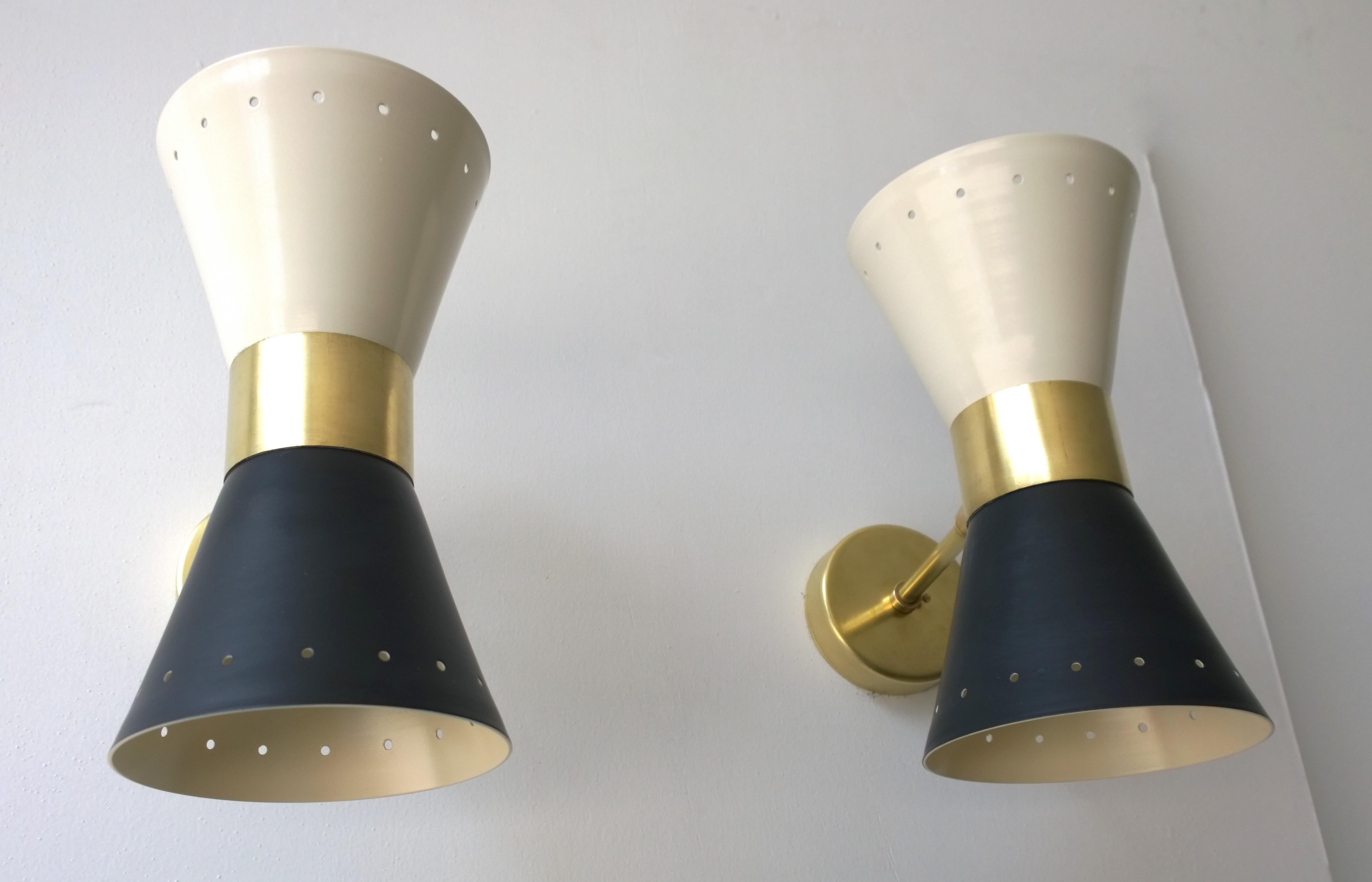 Black & White Newly Enameled Brass Double Cone Sconces with Brass Accents, Pair For Sale 3