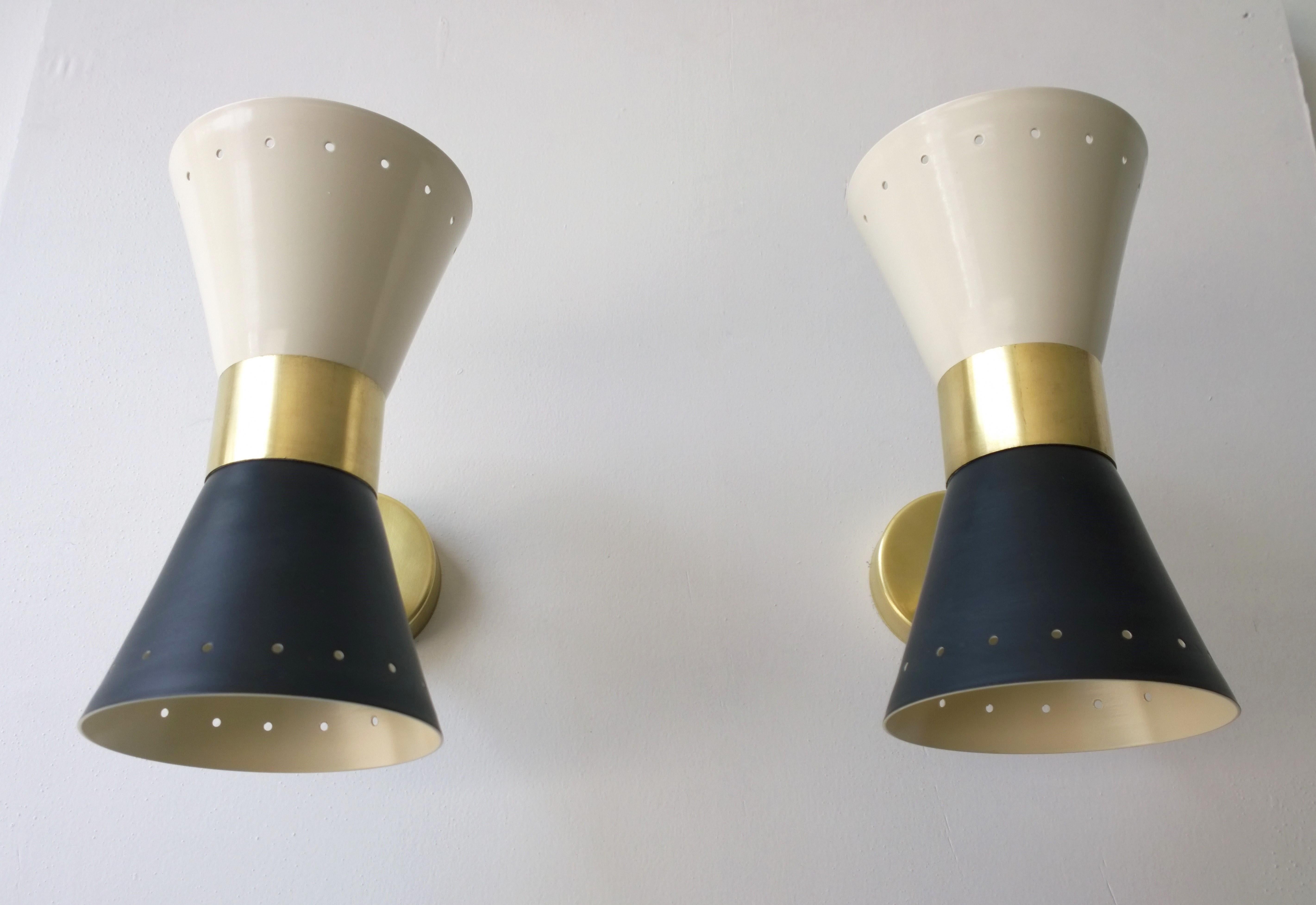 Black & White Newly Enameled Brass Double Cone Sconces with Brass Accents, Pair For Sale 4