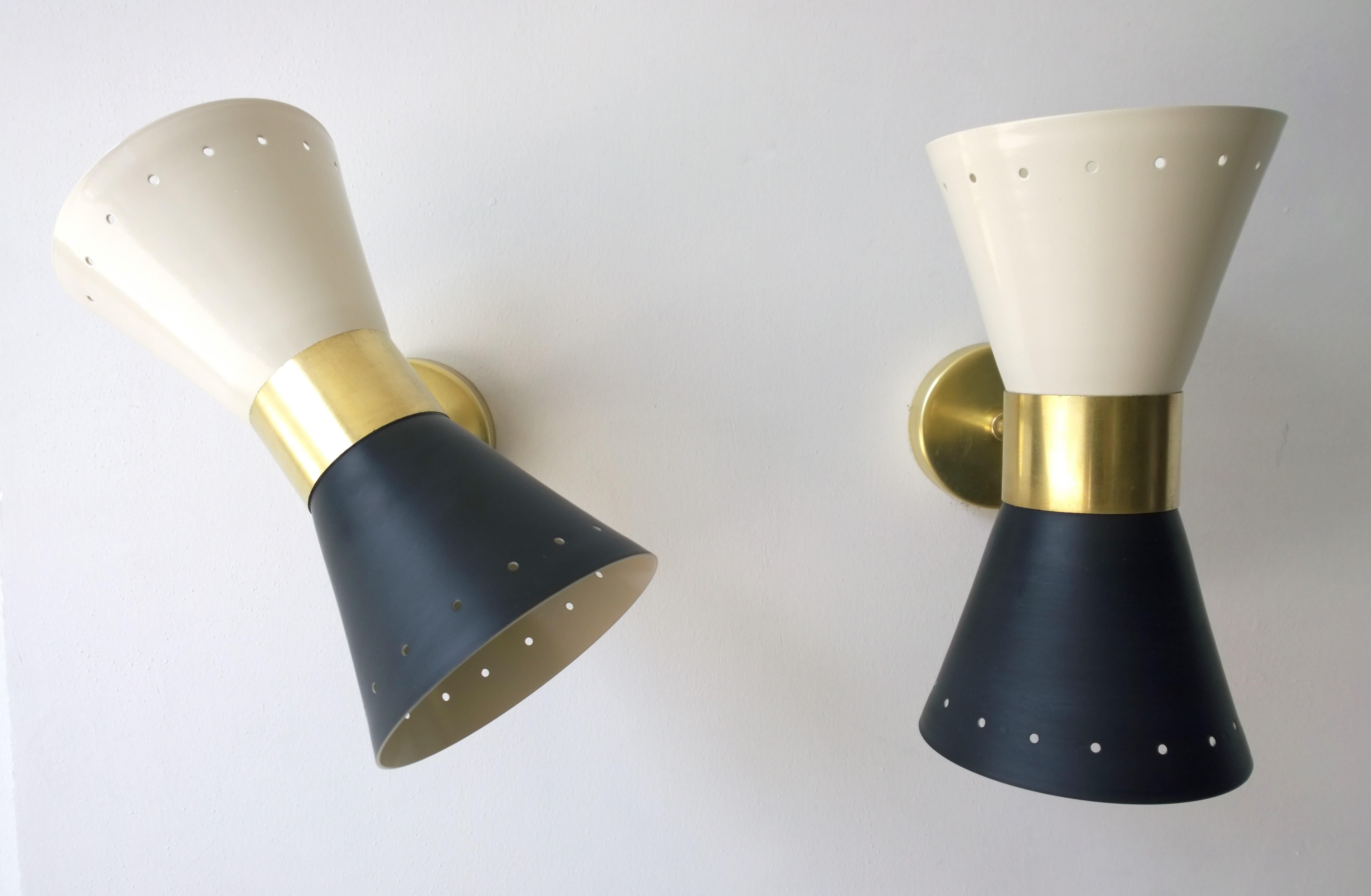 Black & White Newly Enameled Brass Double Cone Sconces with Brass Accents, Pair For Sale 6