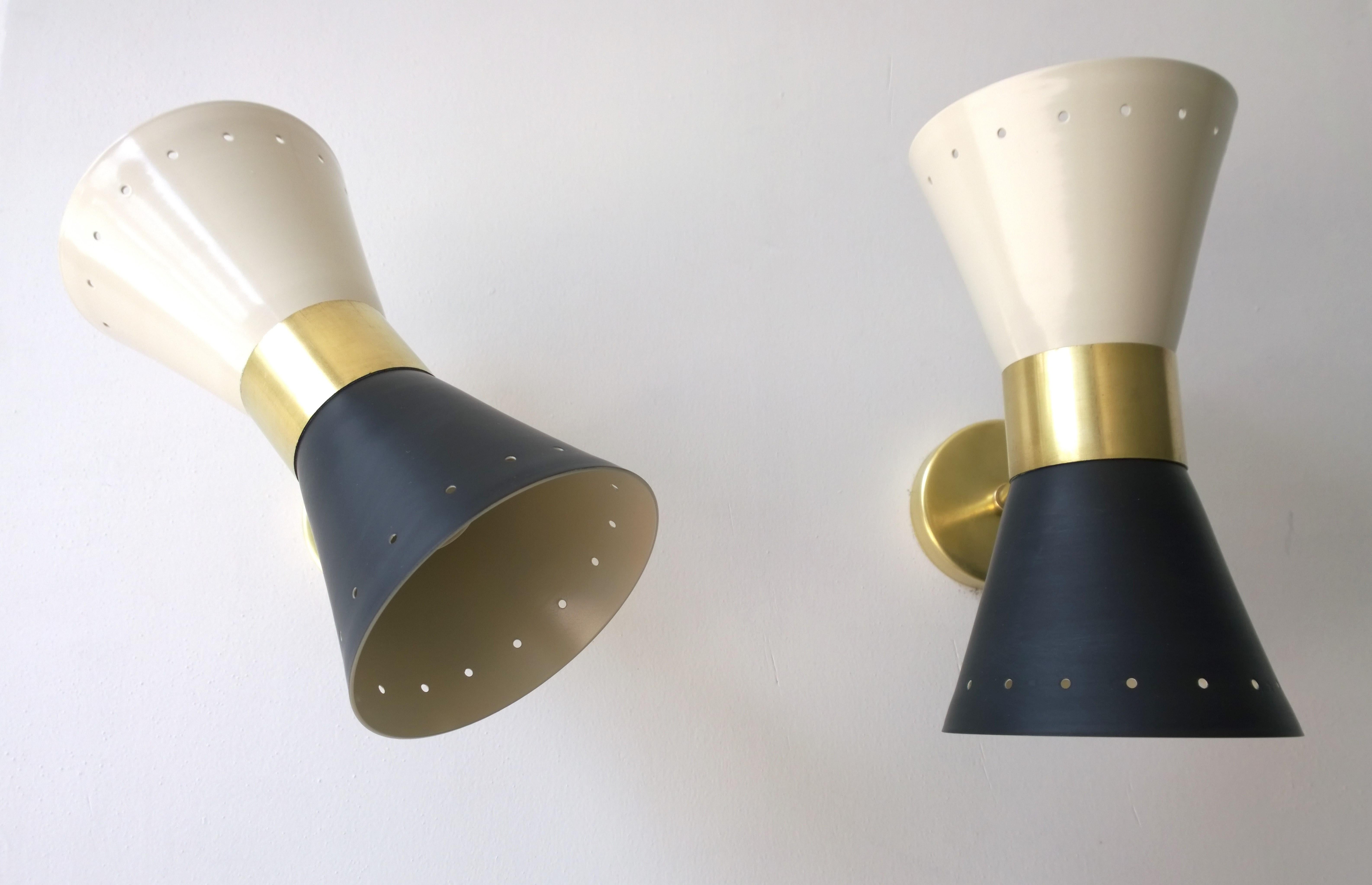 Black & White Newly Enameled Brass Double Cone Sconces with Brass Accents, Pair For Sale 7