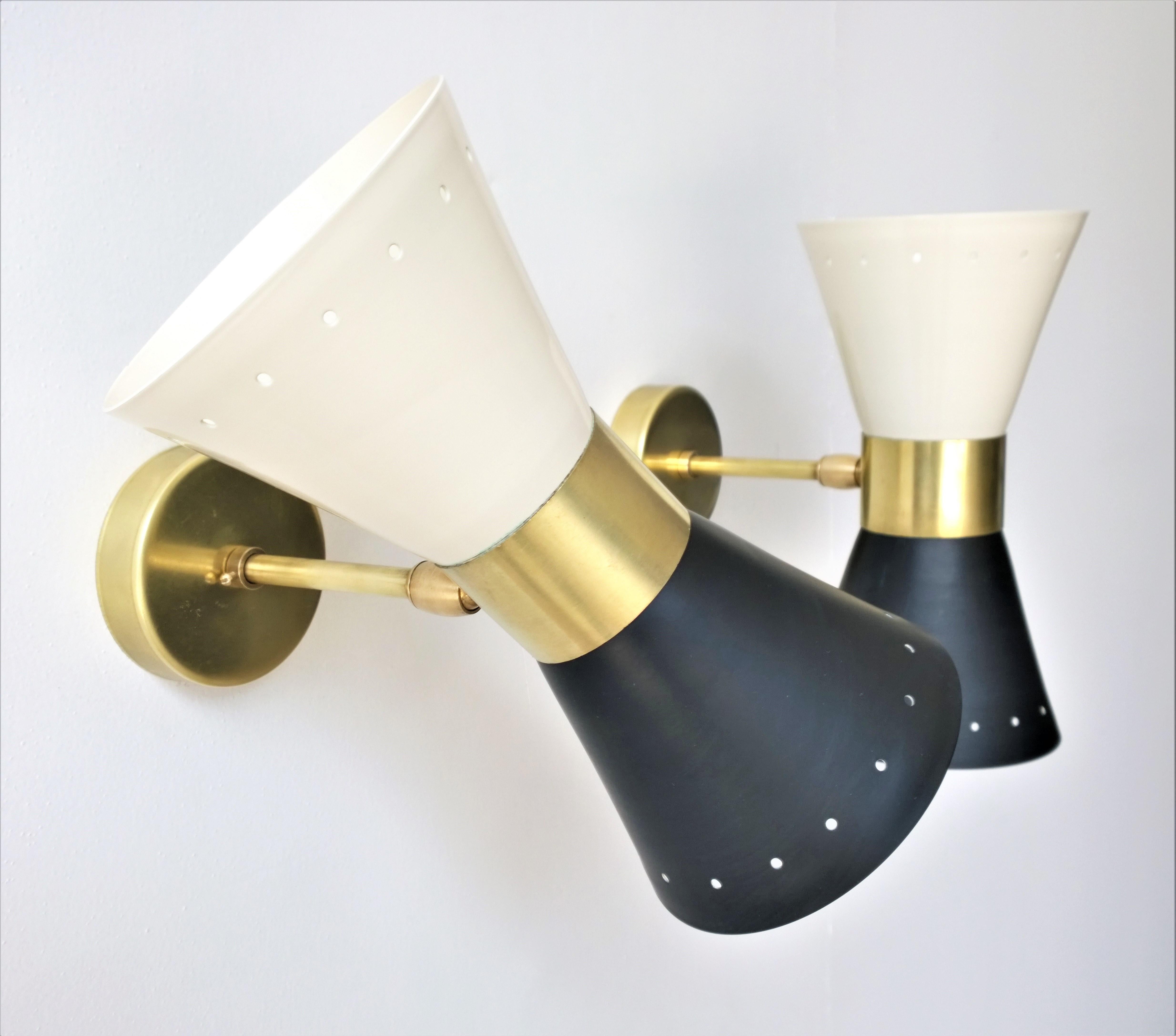 Black & White Newly Enameled Brass Double Cone Sconces with Brass Accents, Pair For Sale 8