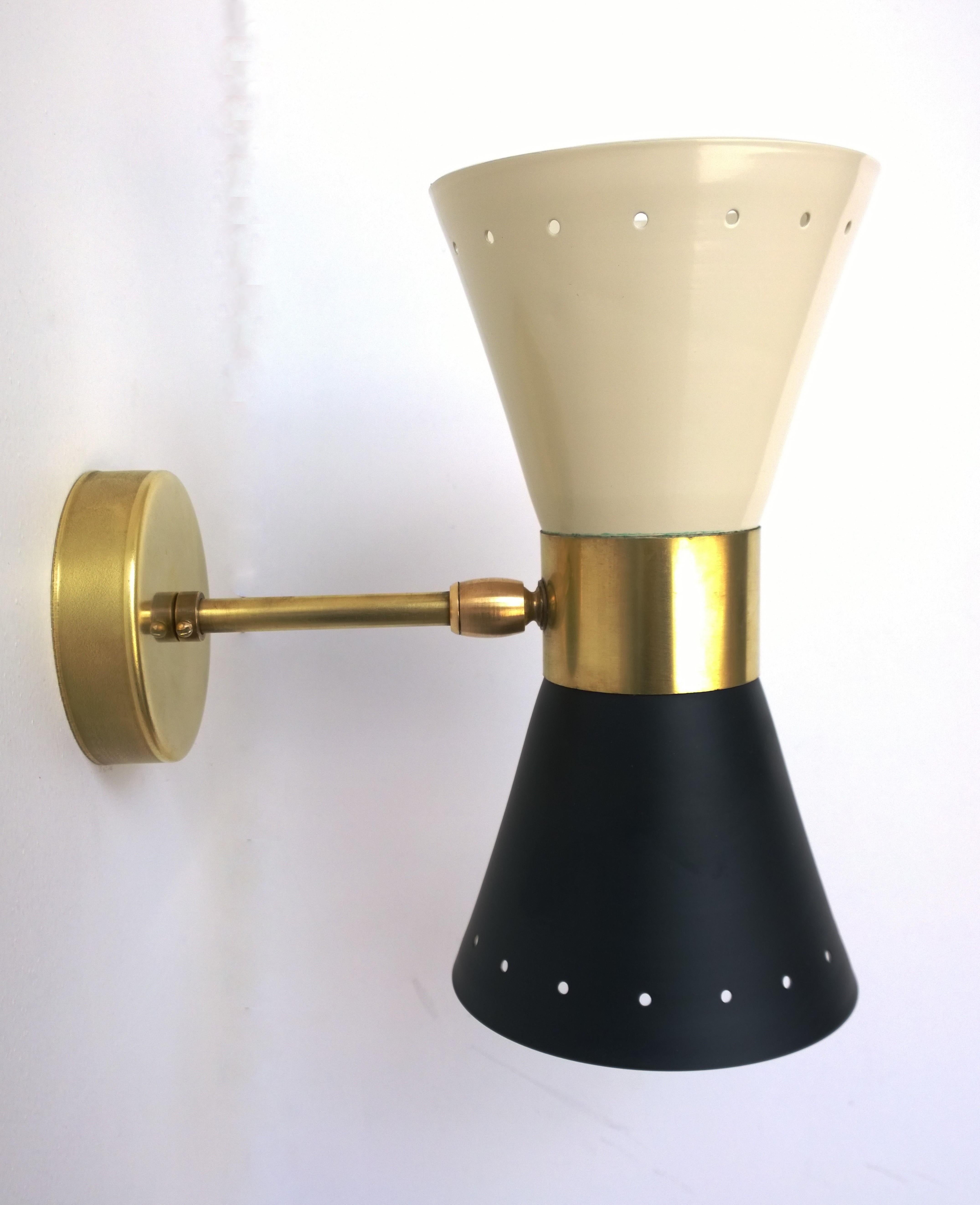 Black & White Newly Enameled Brass Double Cone Sconces with Brass Accents, Pair For Sale 10