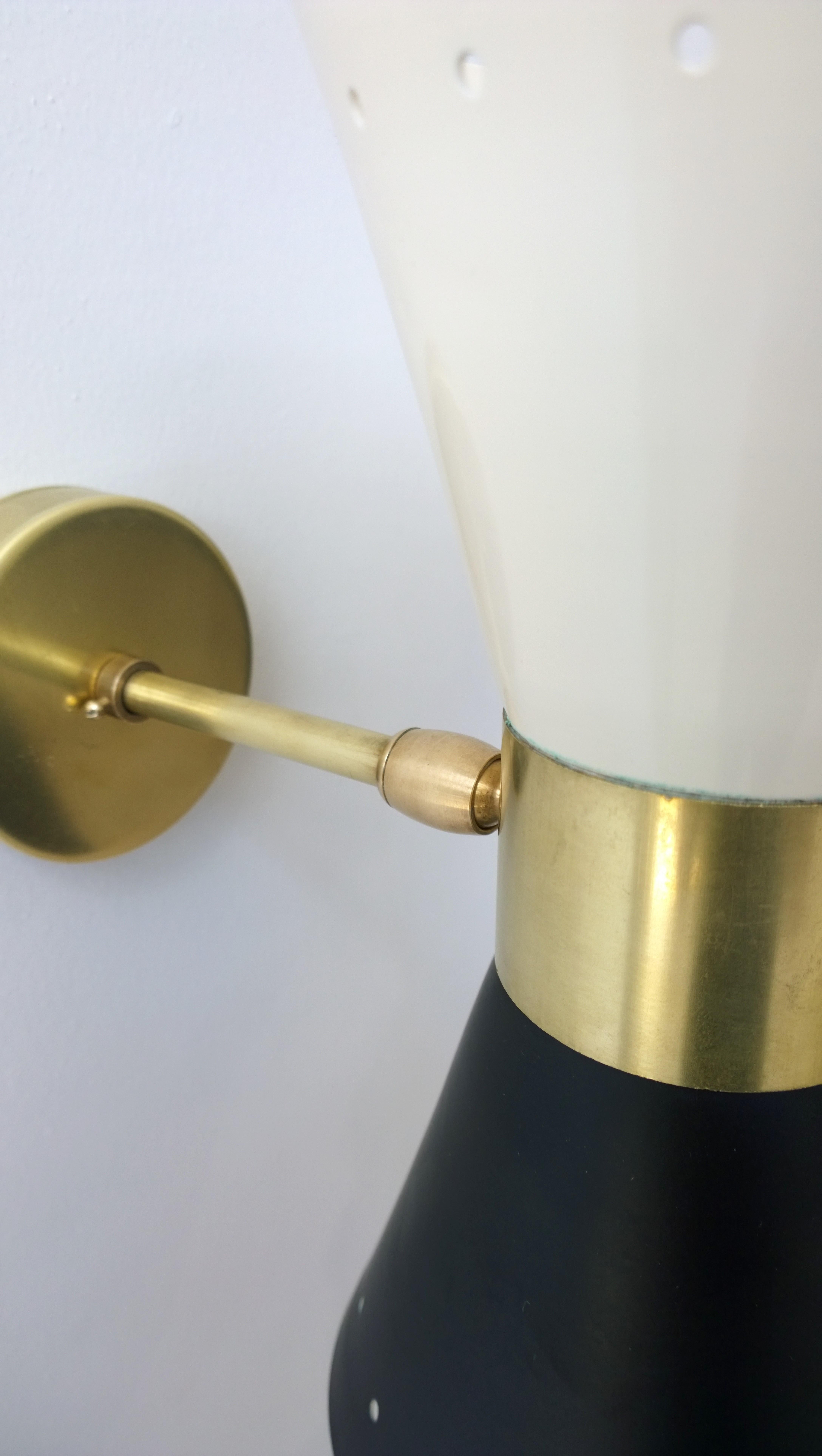 Black & White Newly Enameled Brass Double Cone Sconces with Brass Accents, Pair For Sale 11