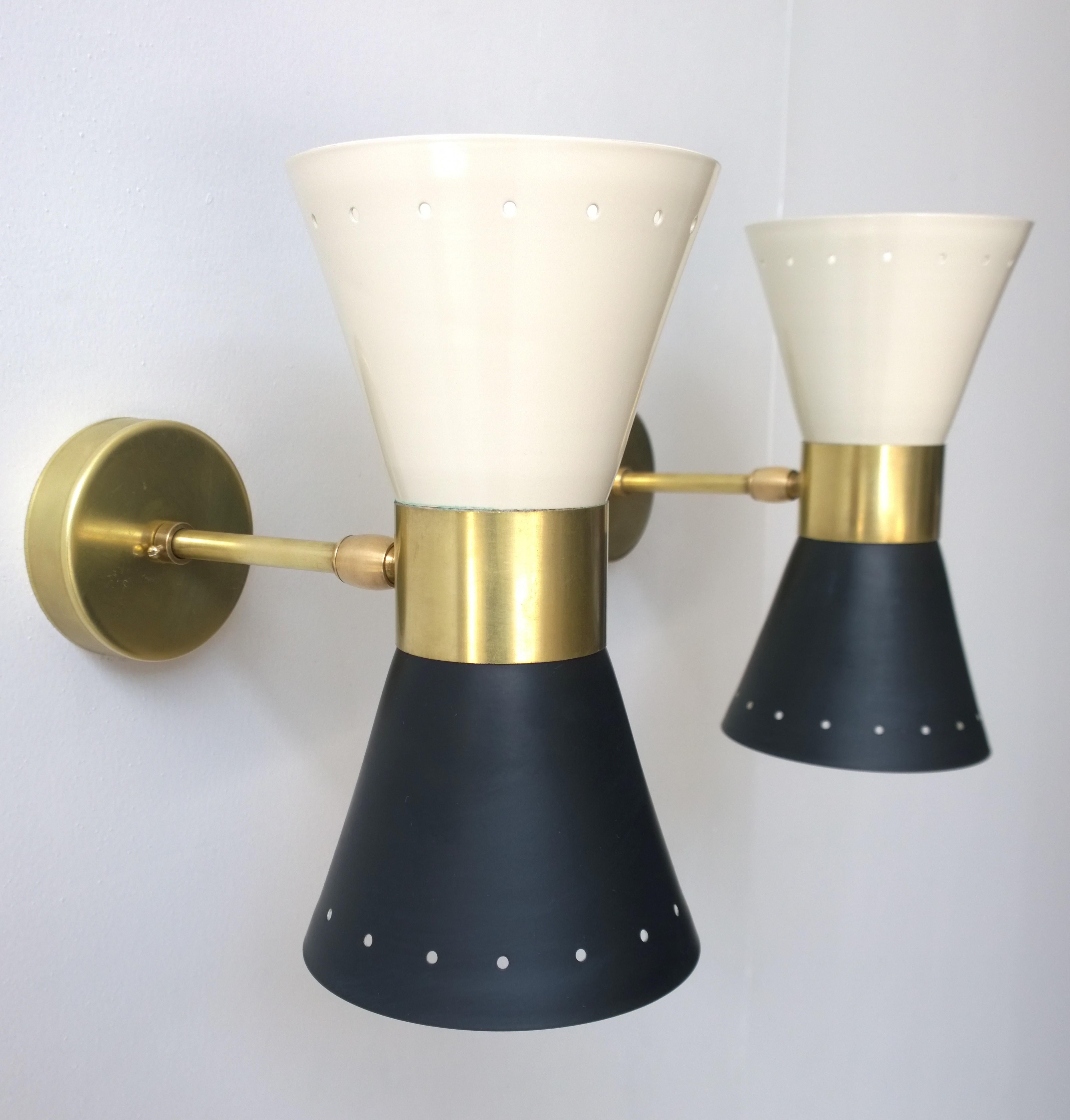 Mid-Century Modern Black & White Newly Enameled Brass Double Cone Sconces with Brass Accents, Pair For Sale