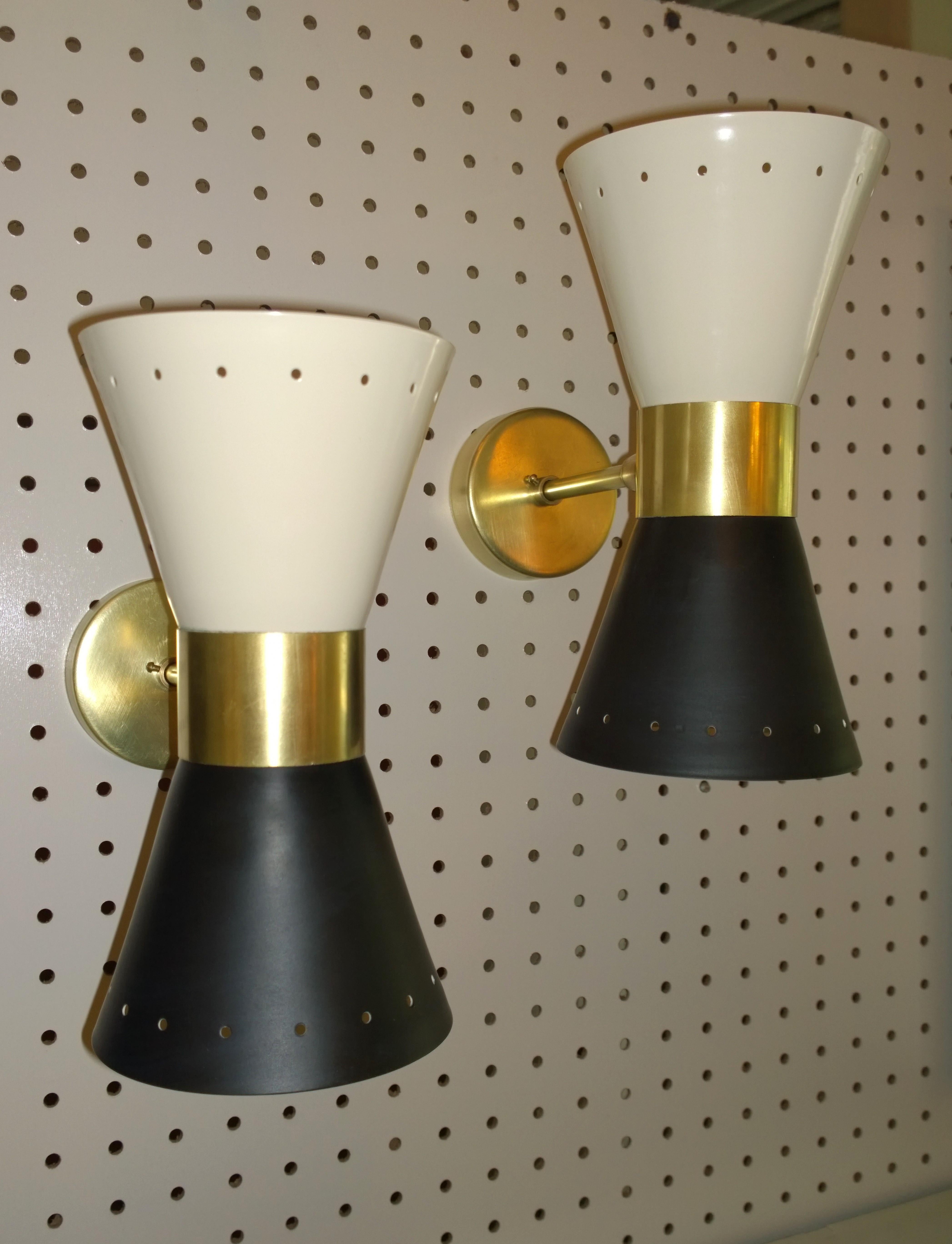 Italian Black & White Newly Enameled Brass Double Cone Sconces with Brass Accents, Pair For Sale