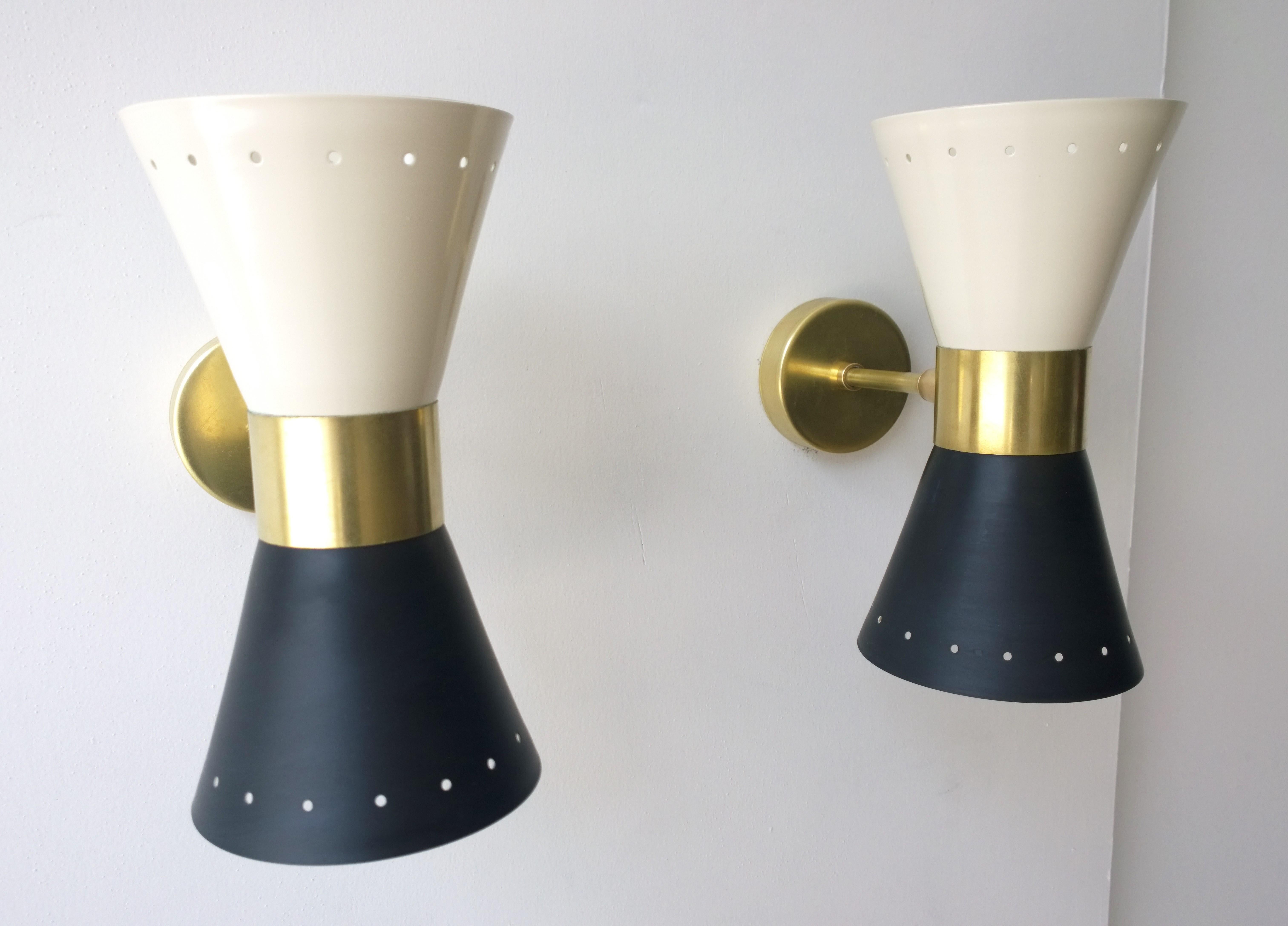 Black & White Newly Enameled Brass Double Cone Sconces with Brass Accents, Pair In Good Condition For Sale In Houston, TX