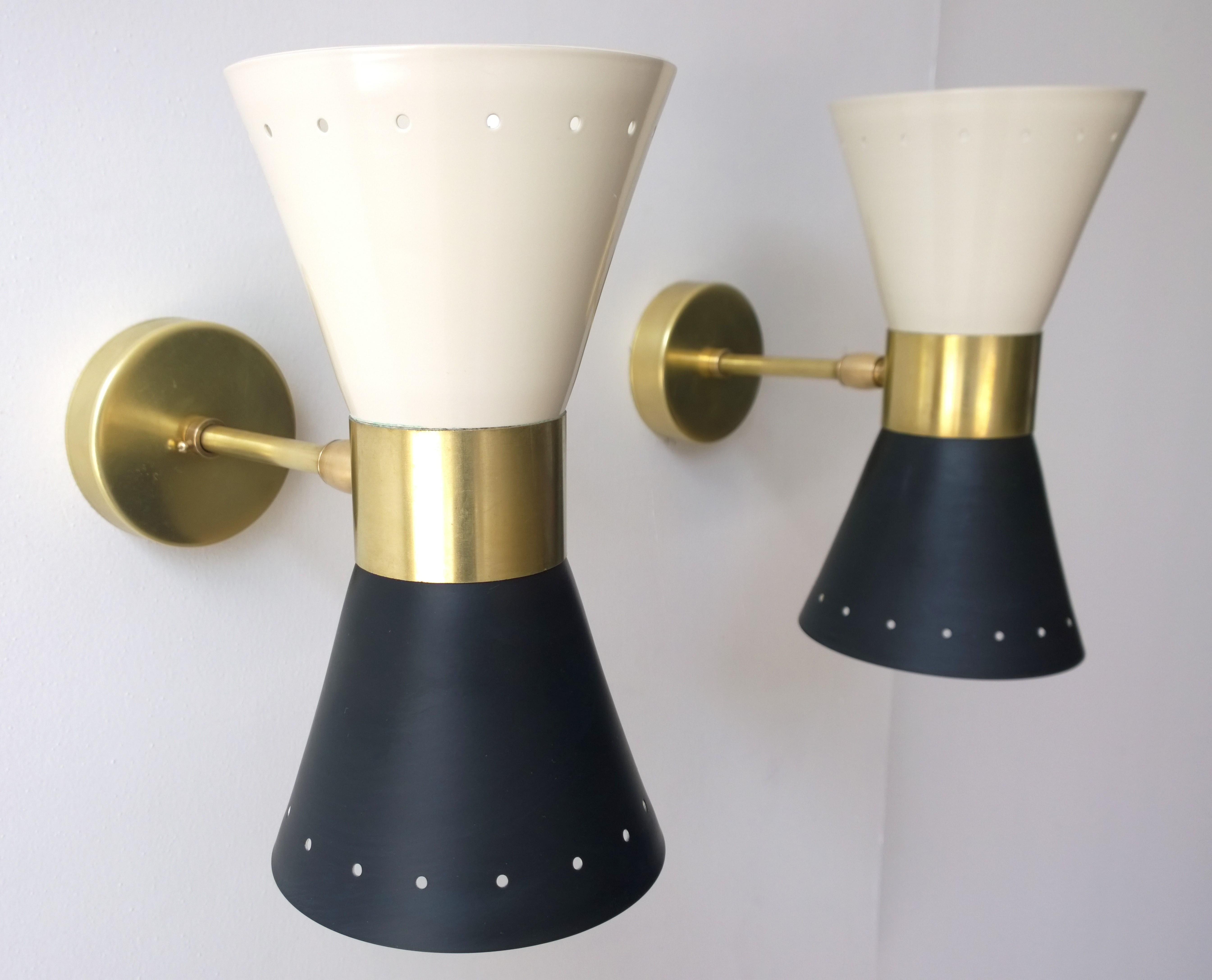 20th Century Black & White Newly Enameled Brass Double Cone Sconces with Brass Accents, Pair For Sale