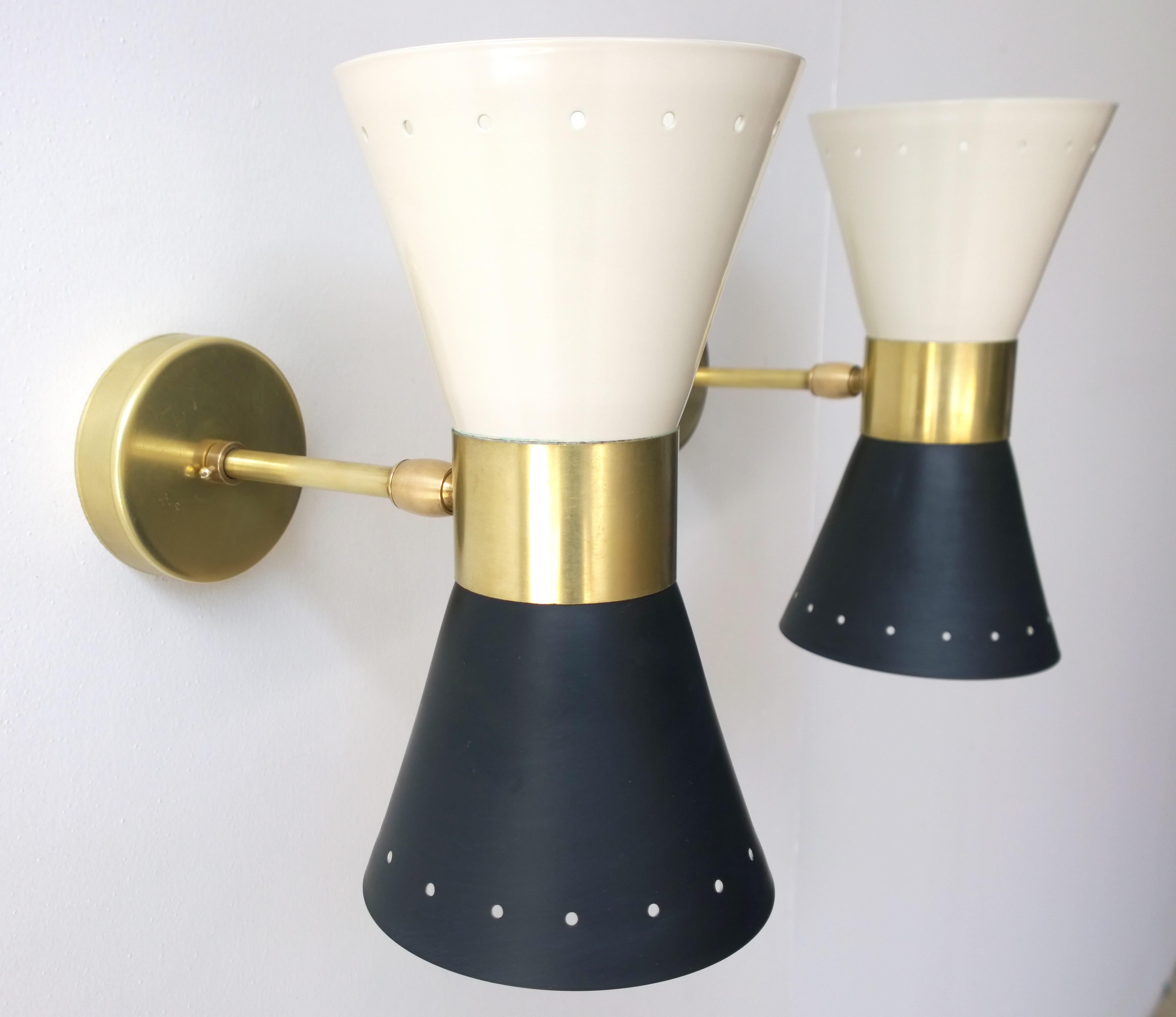 Metal Black & White Newly Enameled Brass Double Cone Sconces with Brass Accents, Pair For Sale