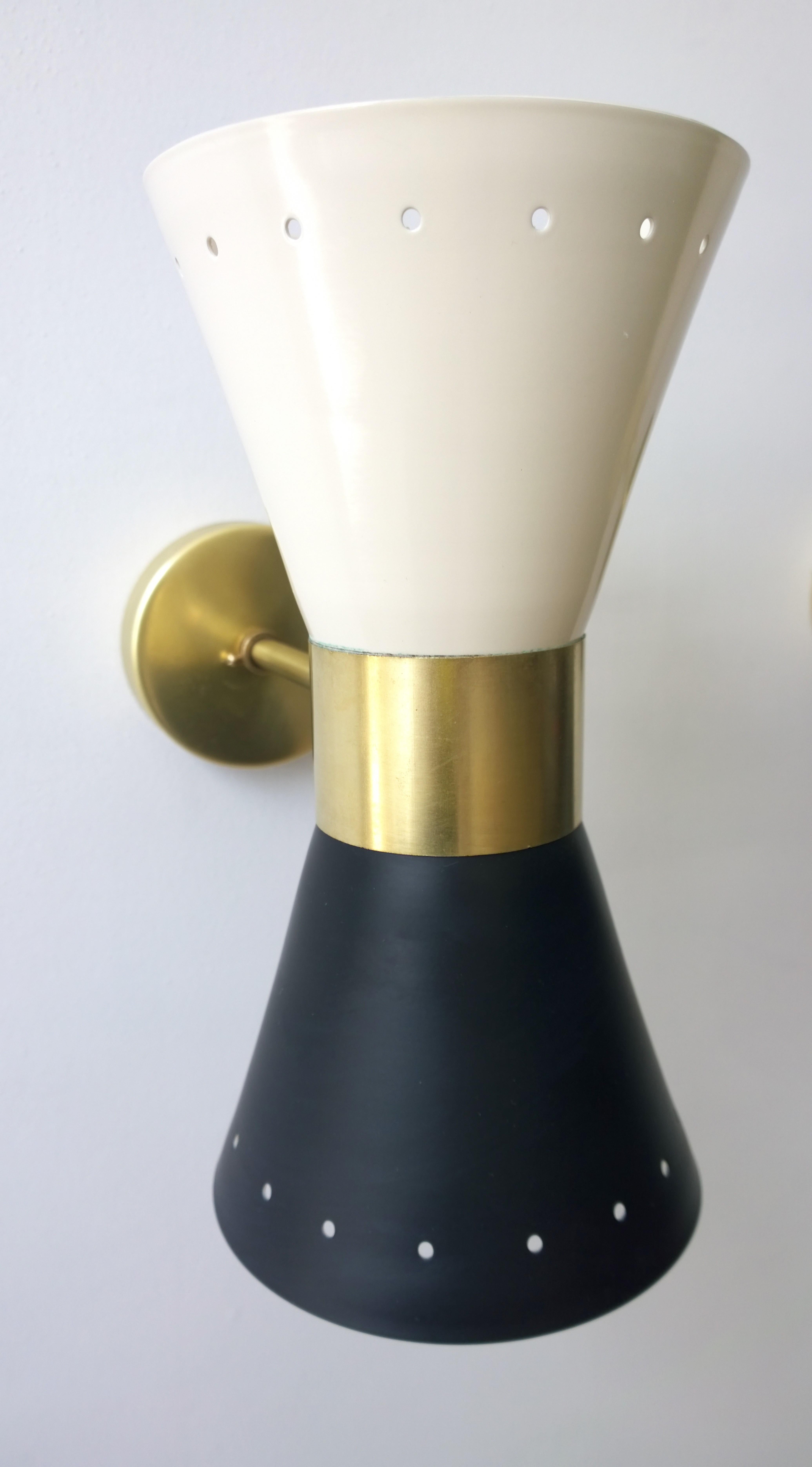 Black & White Newly Enameled Brass Double Cone Sconces with Brass Accents, Pair For Sale 2