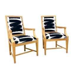 Pair of Black & White Print Carved Wood Armchairs