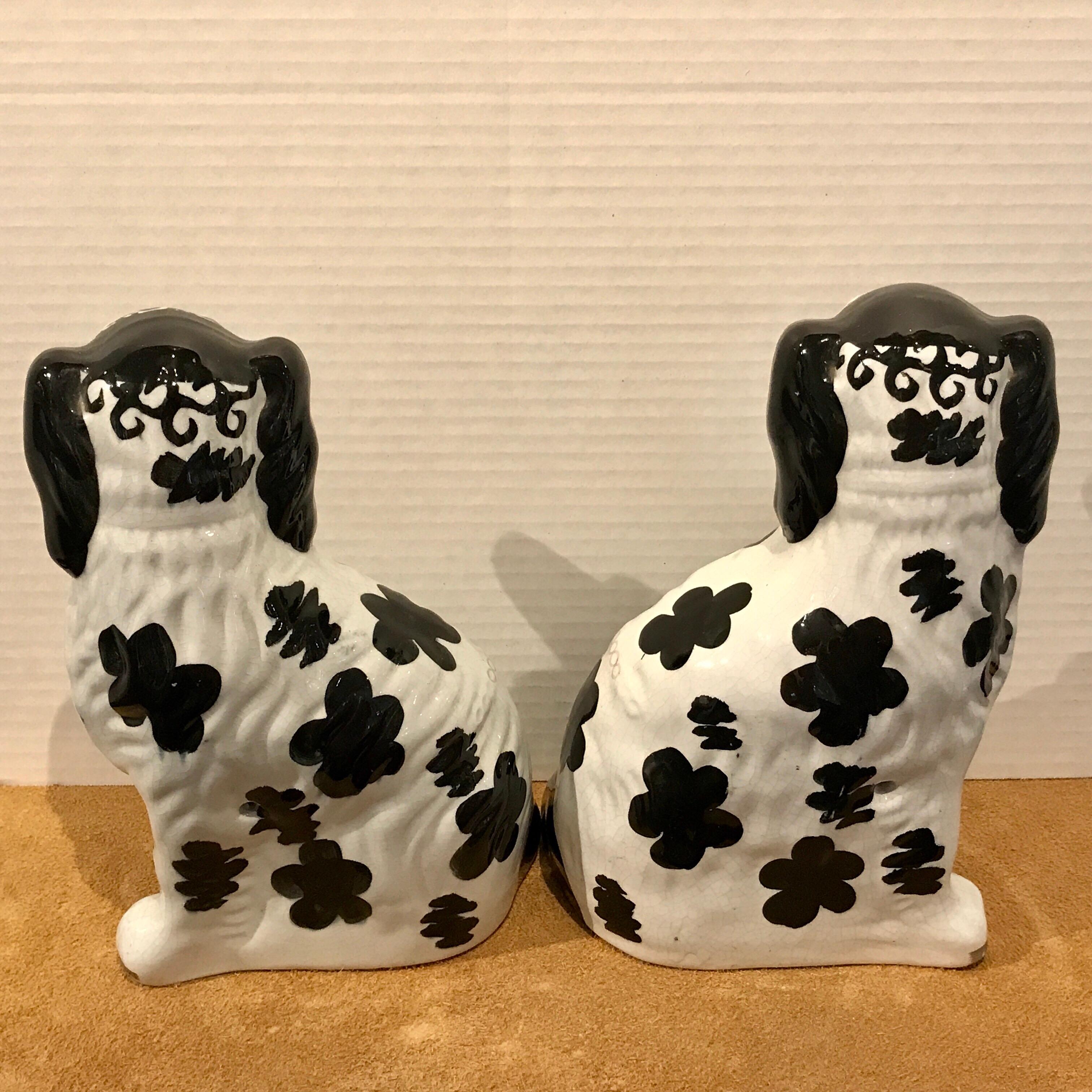 High Victorian Pair of Black & White Staffordshire Disraeli Spaniels # H2490 For Sale