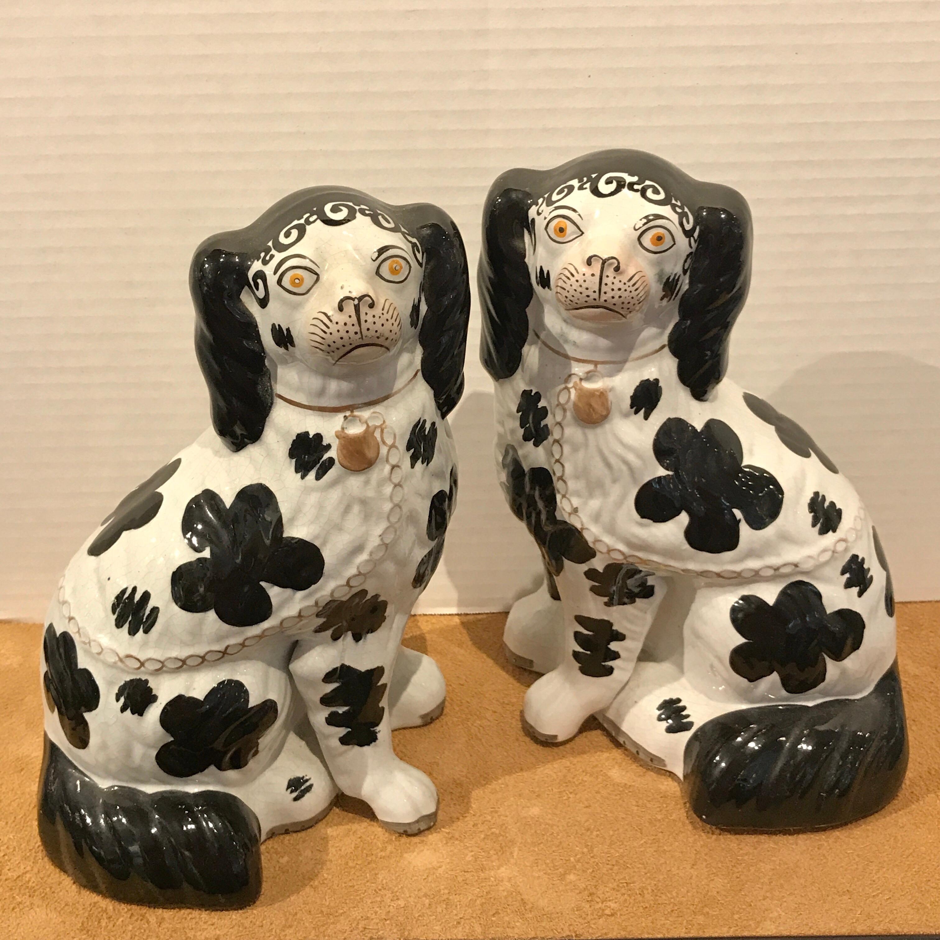 Hand-Painted Pair of Black & White Staffordshire Disraeli Spaniels # H2490 For Sale