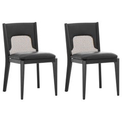 Pair of Black Wood and Cane Dining Chairs with Black Upholstery, Zani Line