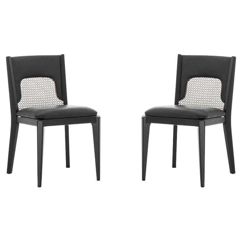 Pair of Black Wood and Cane Dining Chairs with Black Upholstery, Zani Line