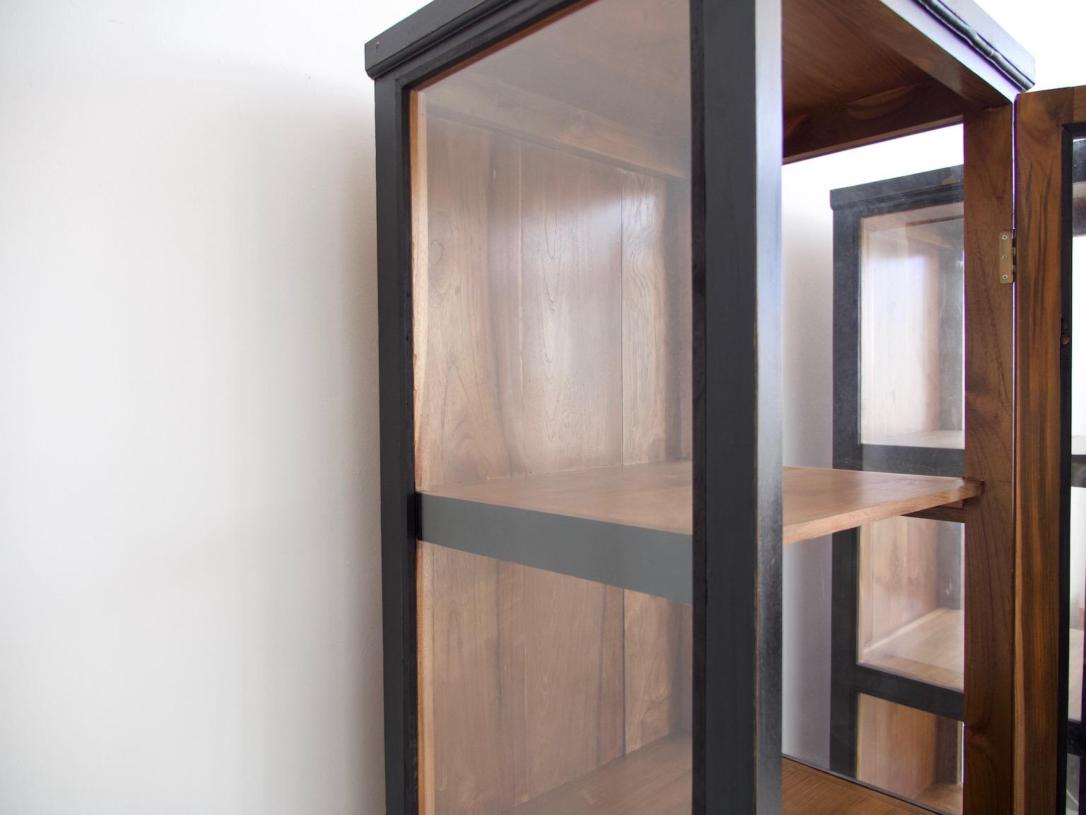 Glass Pair of Black Wooden Vitrine Cabinets For Sale