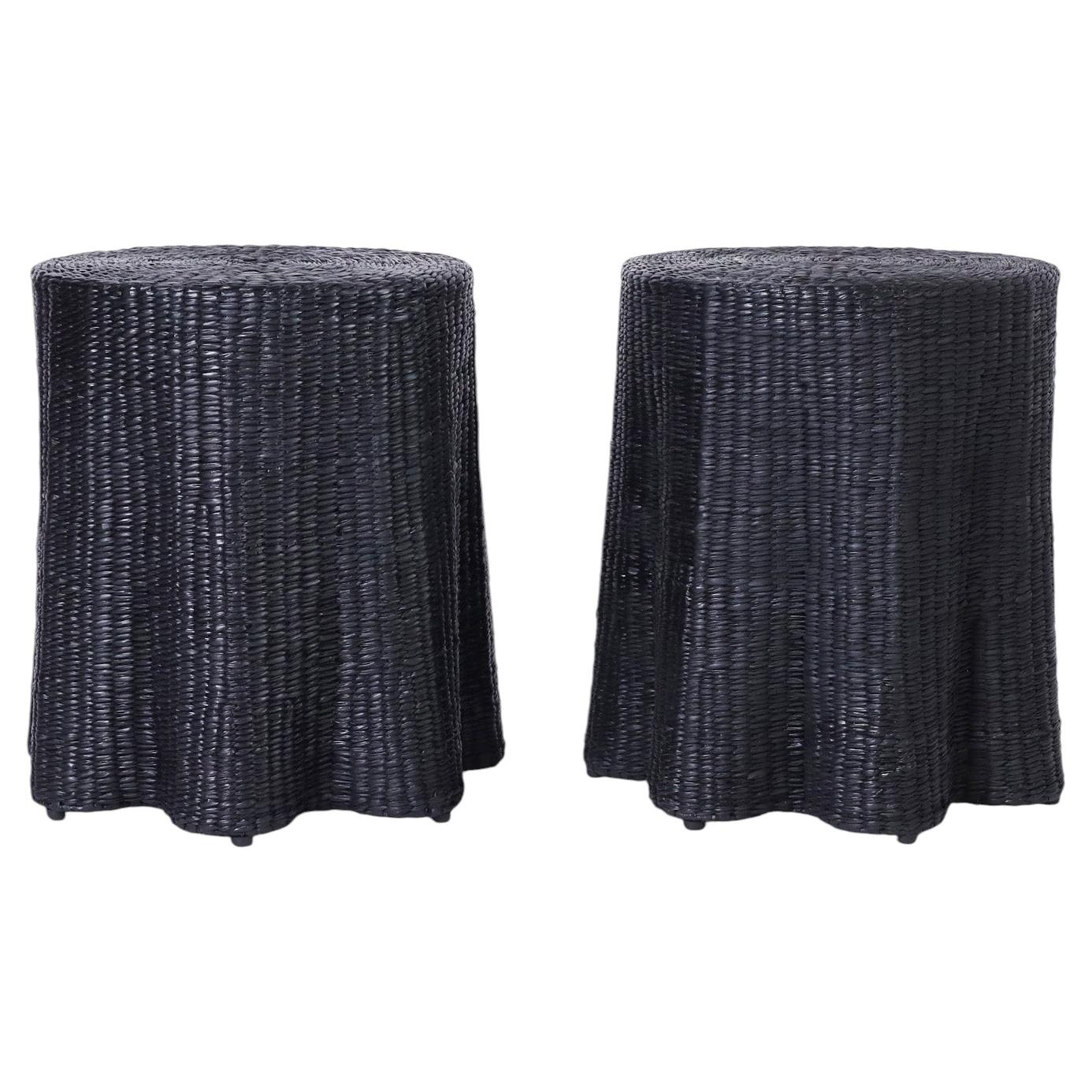 Pair of Black Woven Reed Ghost Drapery Stands