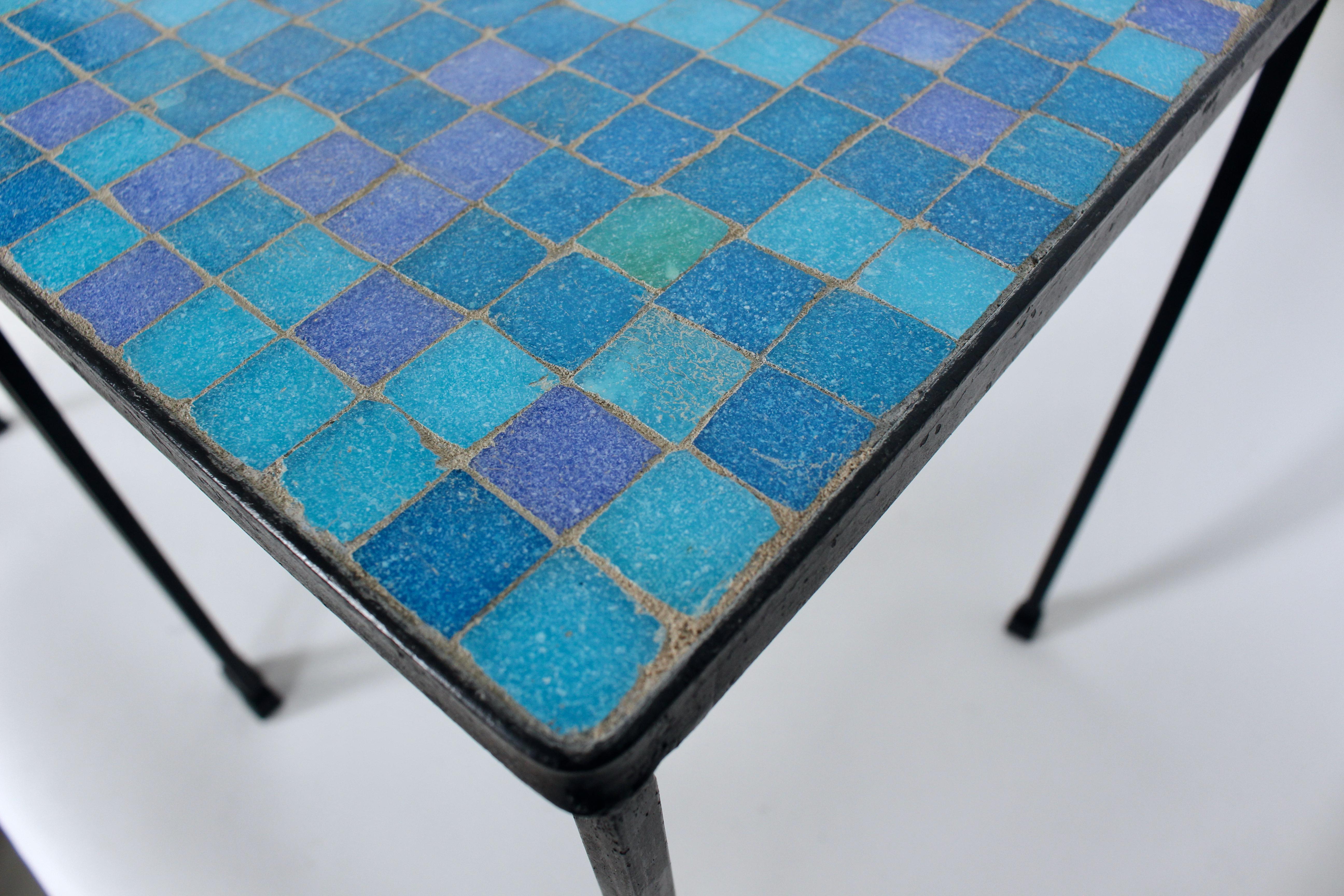 Pair of Black Wrought Iron and Blue Purple & Aqua Terrazzo Tile Tables, 1950s  For Sale 5