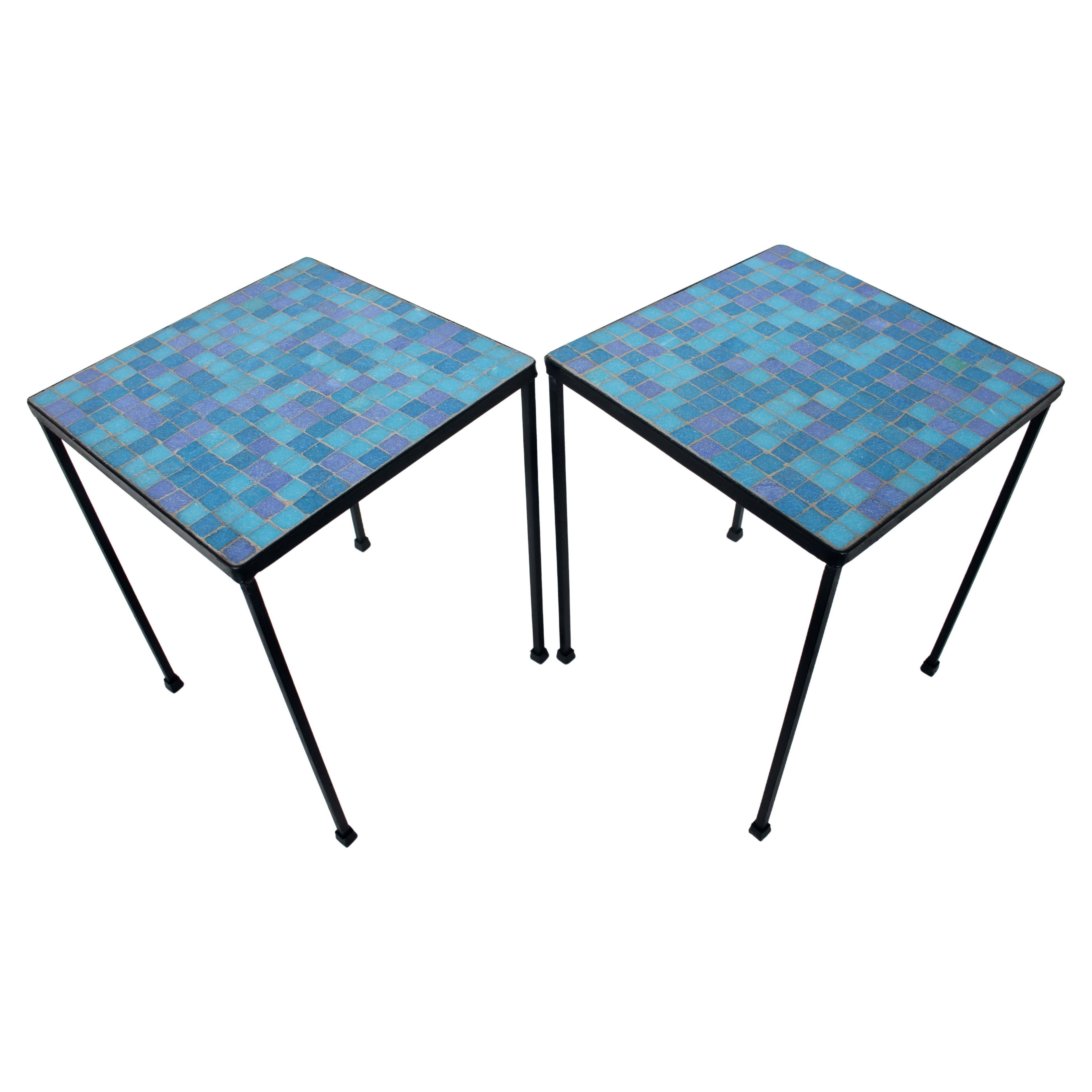Pair of Black Wrought Iron and Blue Purple & Aqua Terrazzo Tile Tables, 1950s  For Sale 9