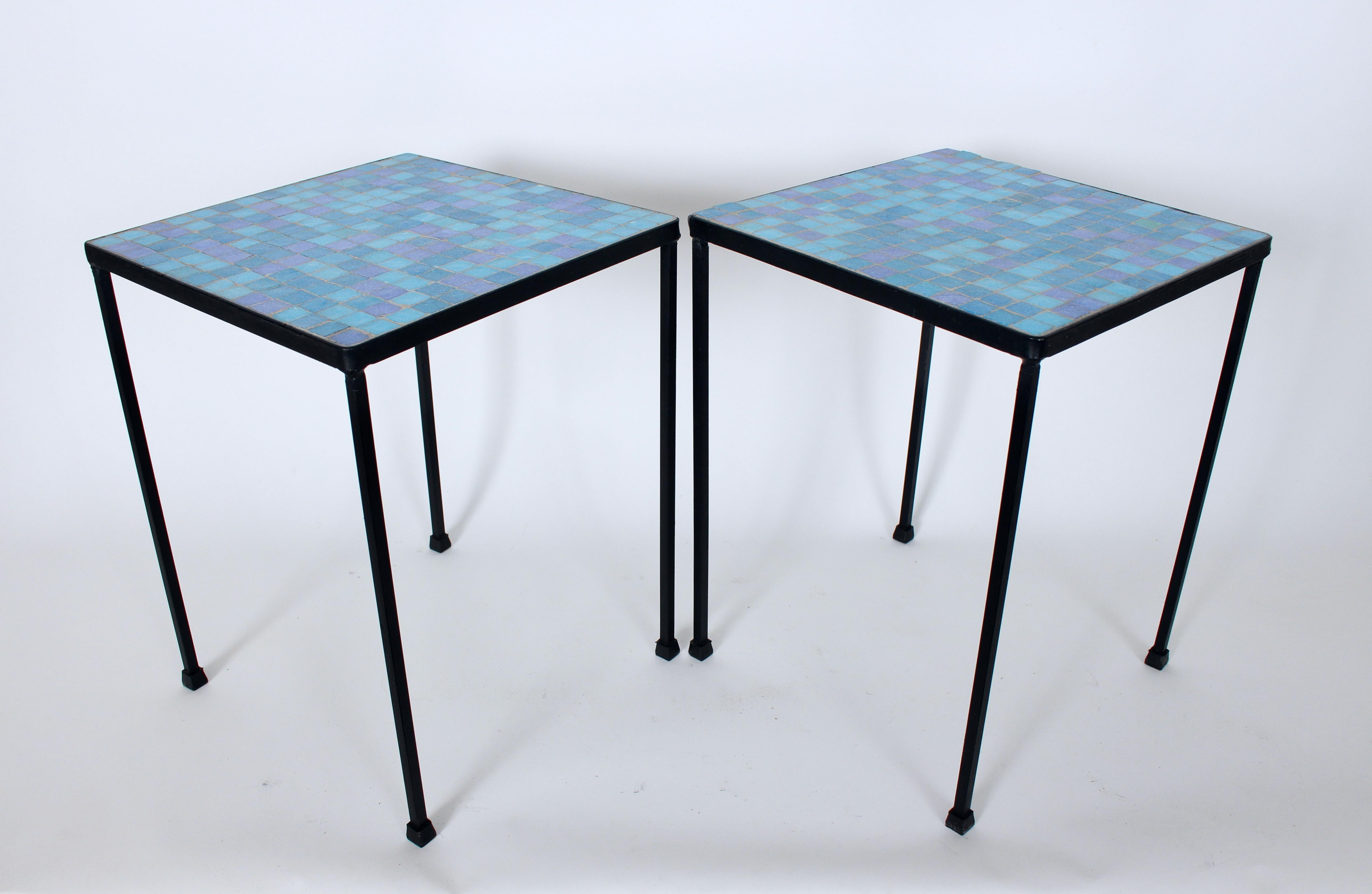 Pair Wrought Iron and Terrazzo Tile End Tables in Aqua, Royal Blue & Violet. Featuring sturdy open Black Wrought Iron solid square rod frameworks, mosaic surfaces with reflective 1 inch square glass Terrazzo tile in Deep Blue, Turquoise and Violet