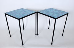 Pair of Black Wrought Iron and Blue Purple & Aqua Terrazzo Tile Tables, 1950s