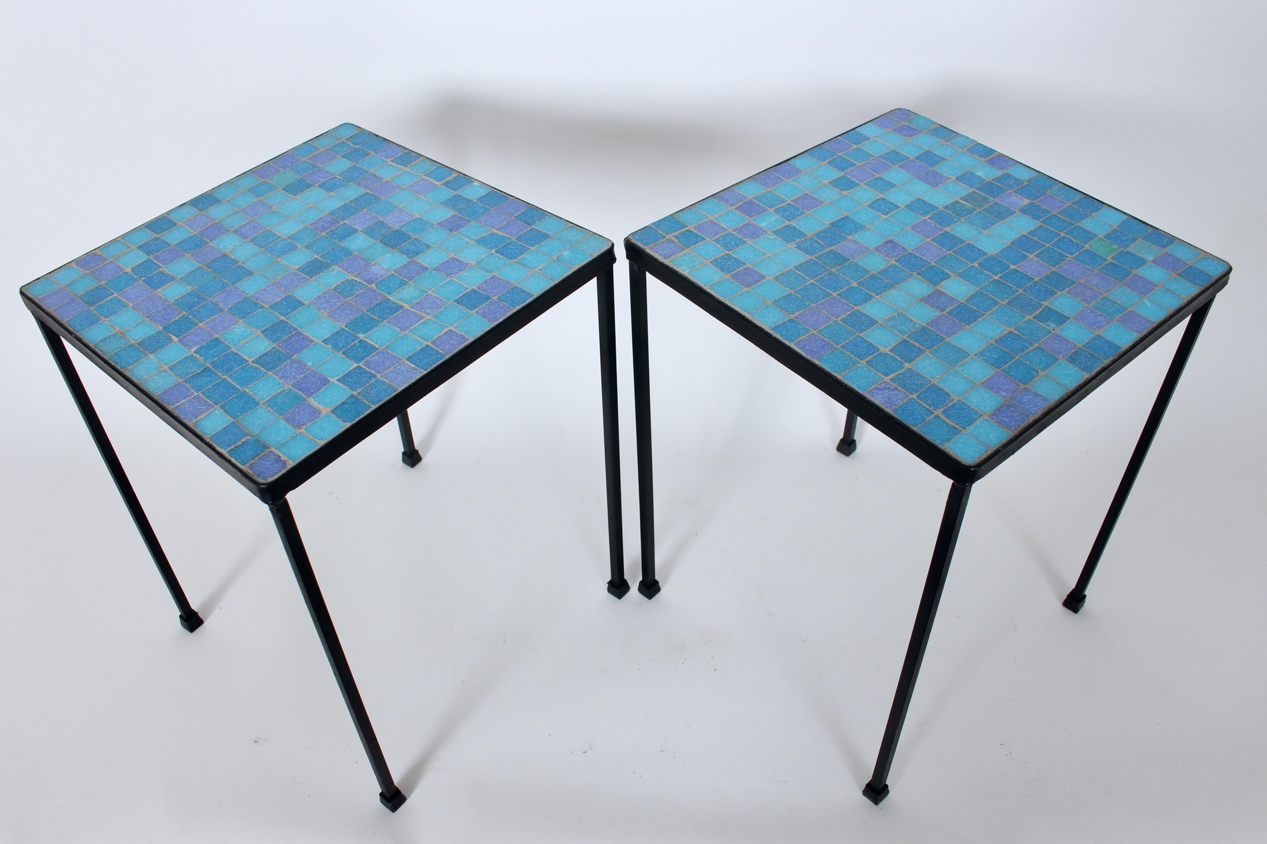 Mid-Century Modern Pair of Black Wrought Iron and Blue Purple & Aqua Terrazzo Tile Tables, 1950s  For Sale