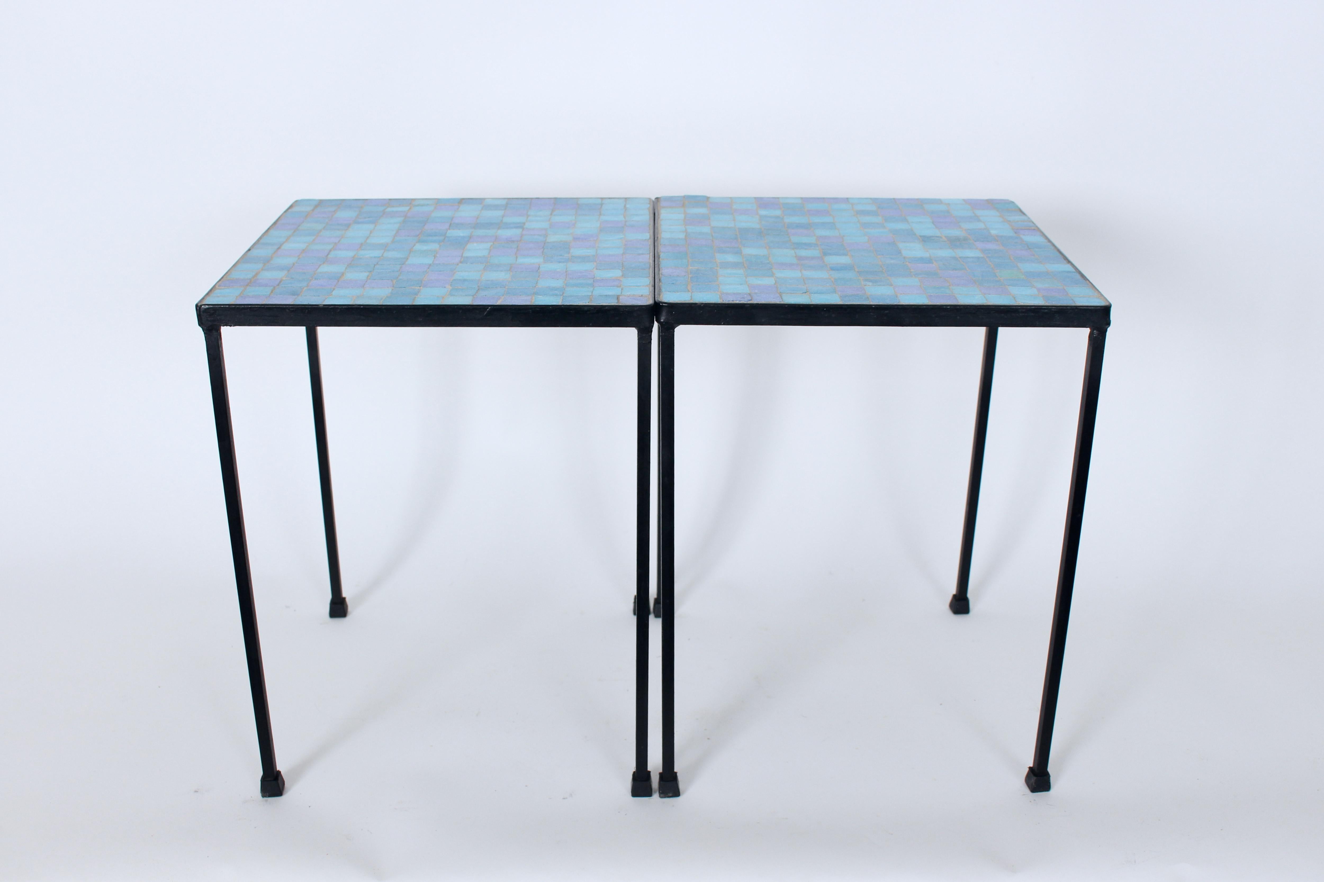 American Pair of Black Wrought Iron and Blue Purple & Aqua Terrazzo Tile Tables, 1950s  For Sale