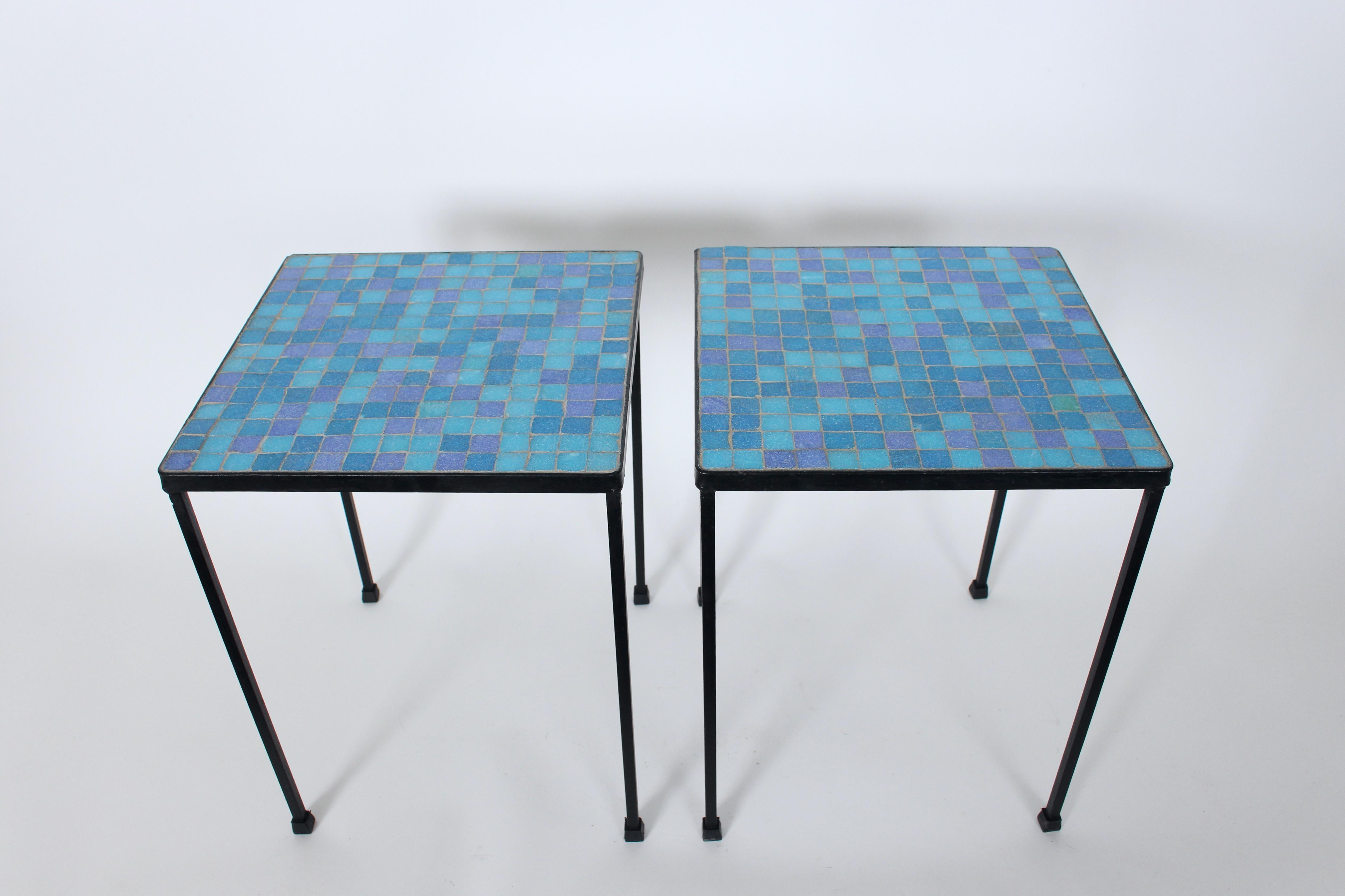 Mid-20th Century Pair of Black Wrought Iron and Blue Purple & Aqua Terrazzo Tile Tables, 1950s  For Sale