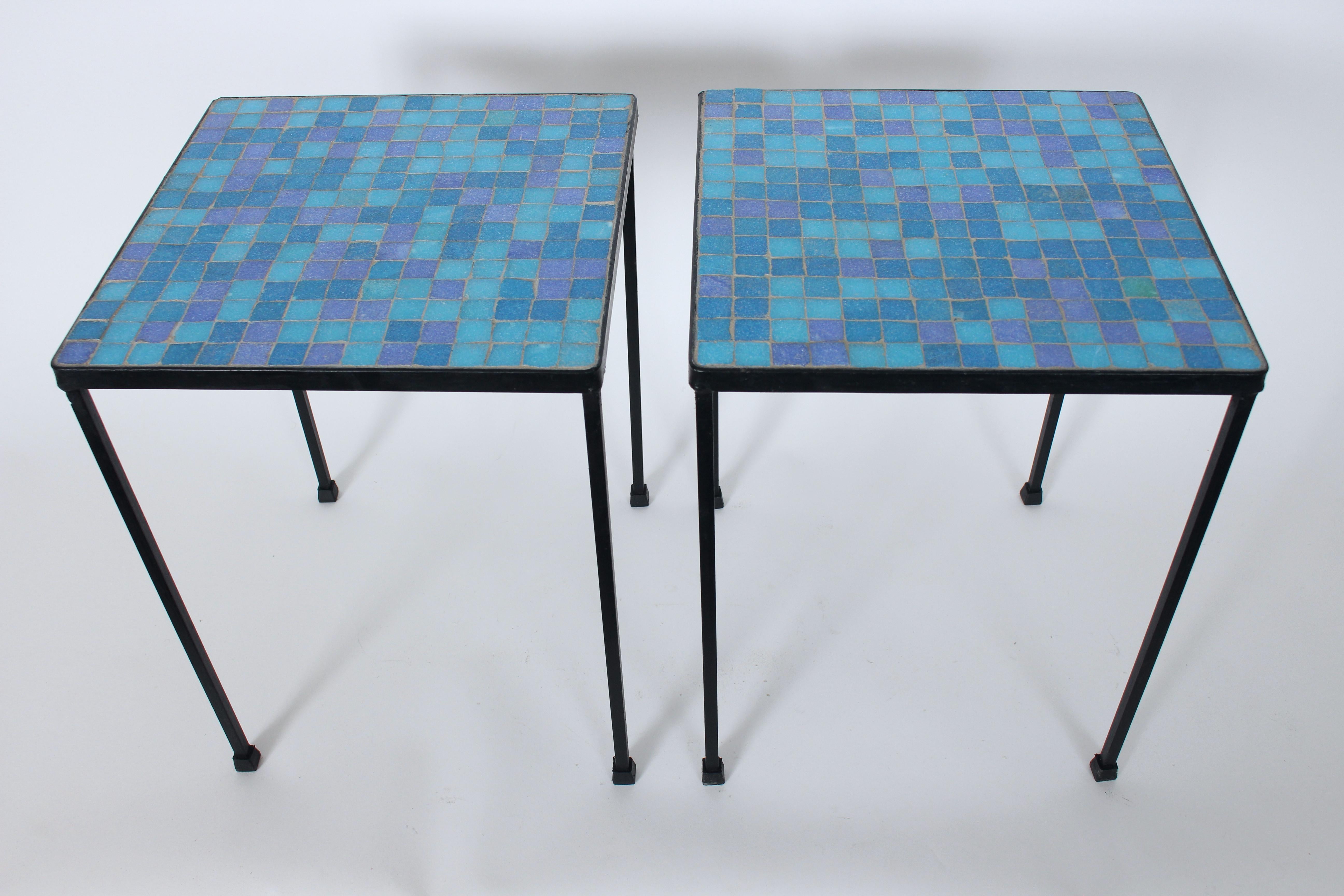 Pair of Black Wrought Iron and Blue Purple & Aqua Terrazzo Tile Tables, 1950s  For Sale 1
