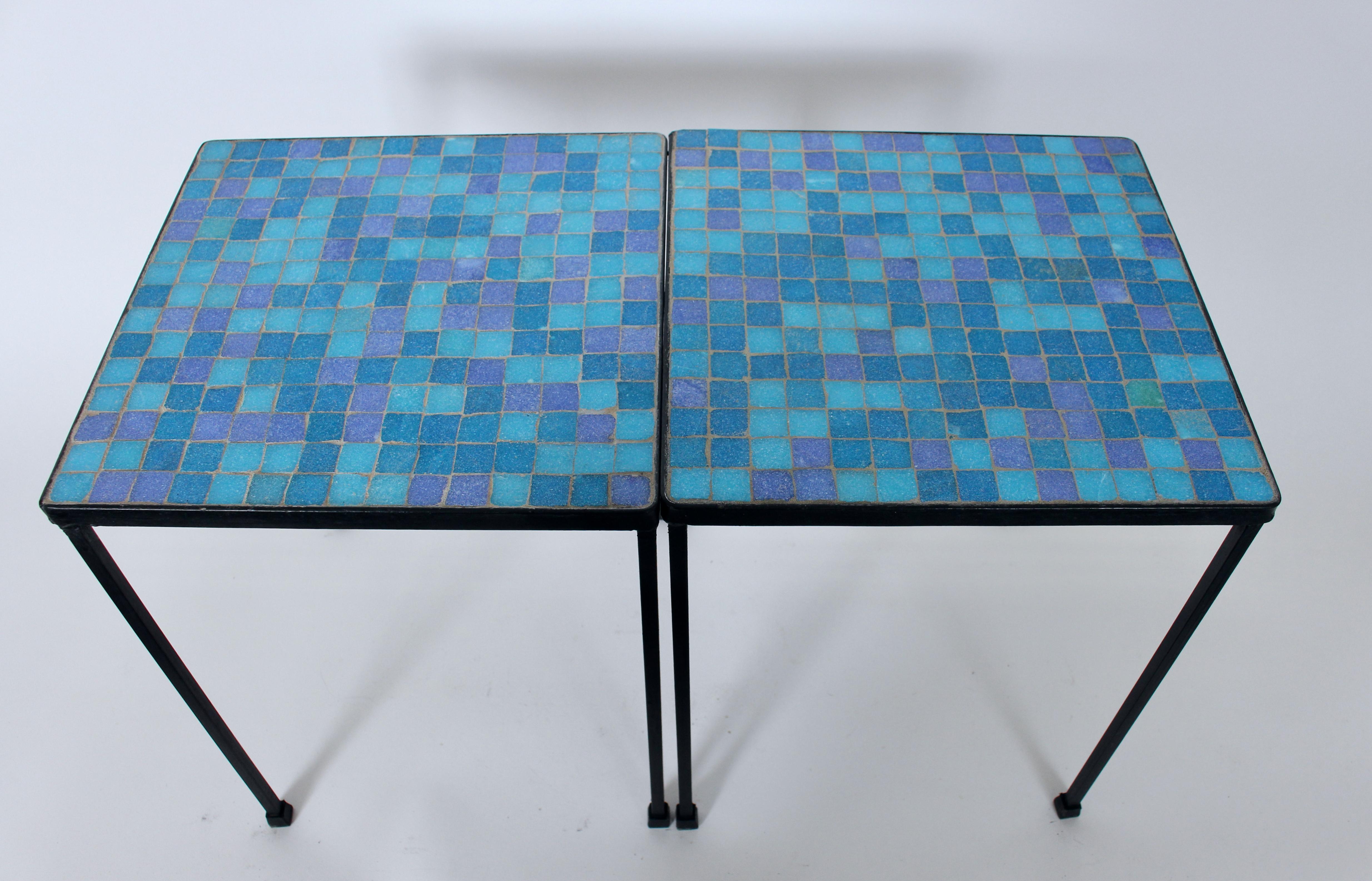 Pair of Black Wrought Iron and Blue Purple & Aqua Terrazzo Tile Tables, 1950s  For Sale 2