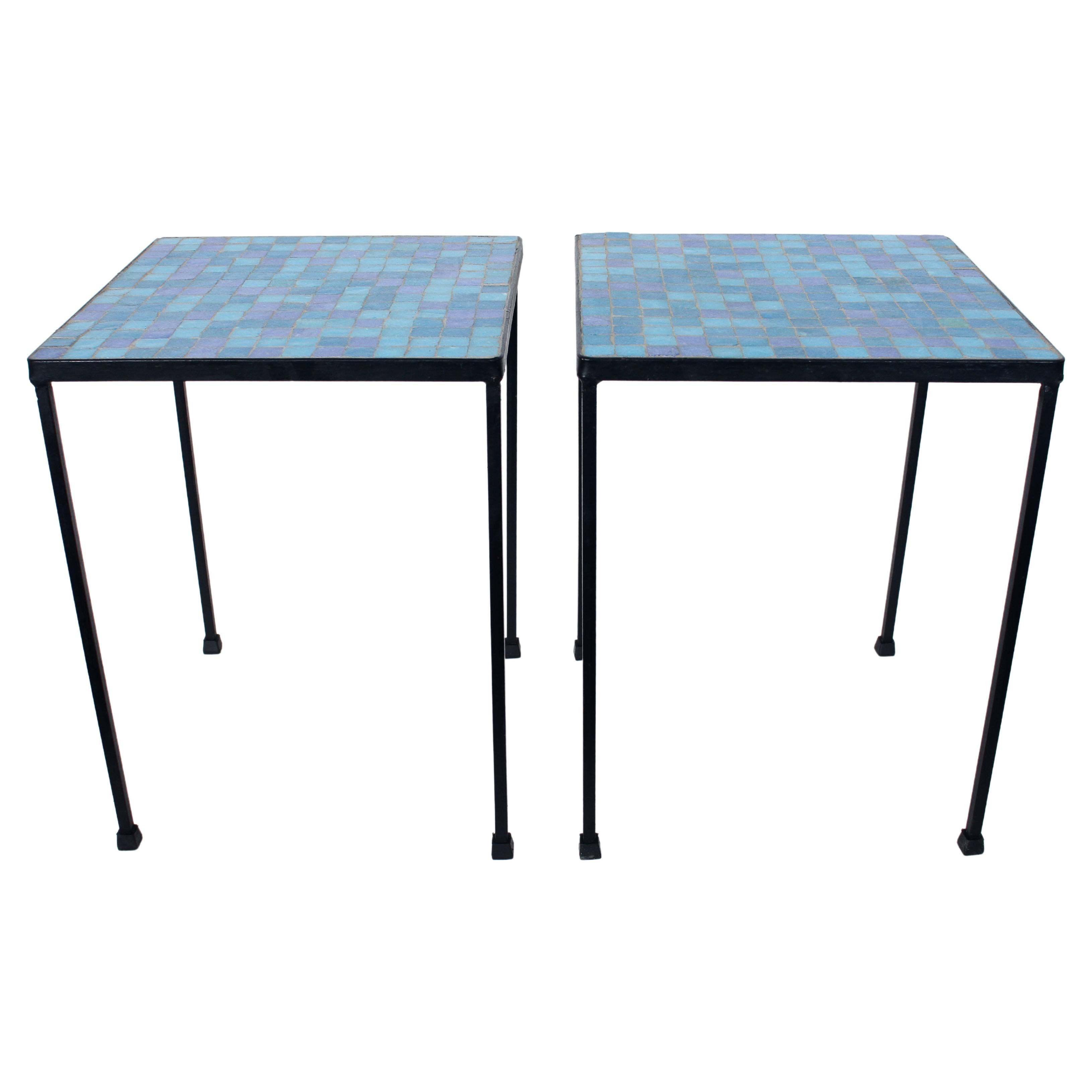 Pair of Black Wrought Iron and Blue Purple & Aqua Terrazzo Tile Tables, 1950s  For Sale