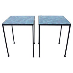 Retro Pair of Black Wrought Iron and Blue Purple & Aqua Terrazzo Tile Tables, 1950s 