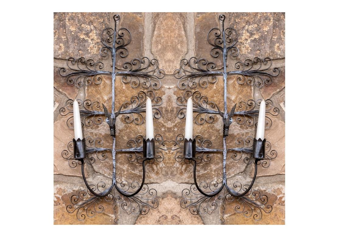 Pair Of Black Wrought Iron Candle Wall Sconces For Sale 5