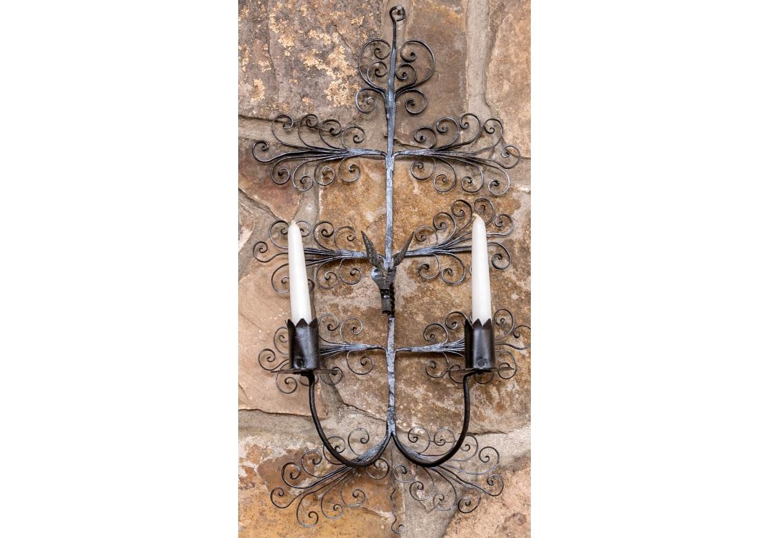 20th Century Pair Of Black Wrought Iron Candle Wall Sconces For Sale