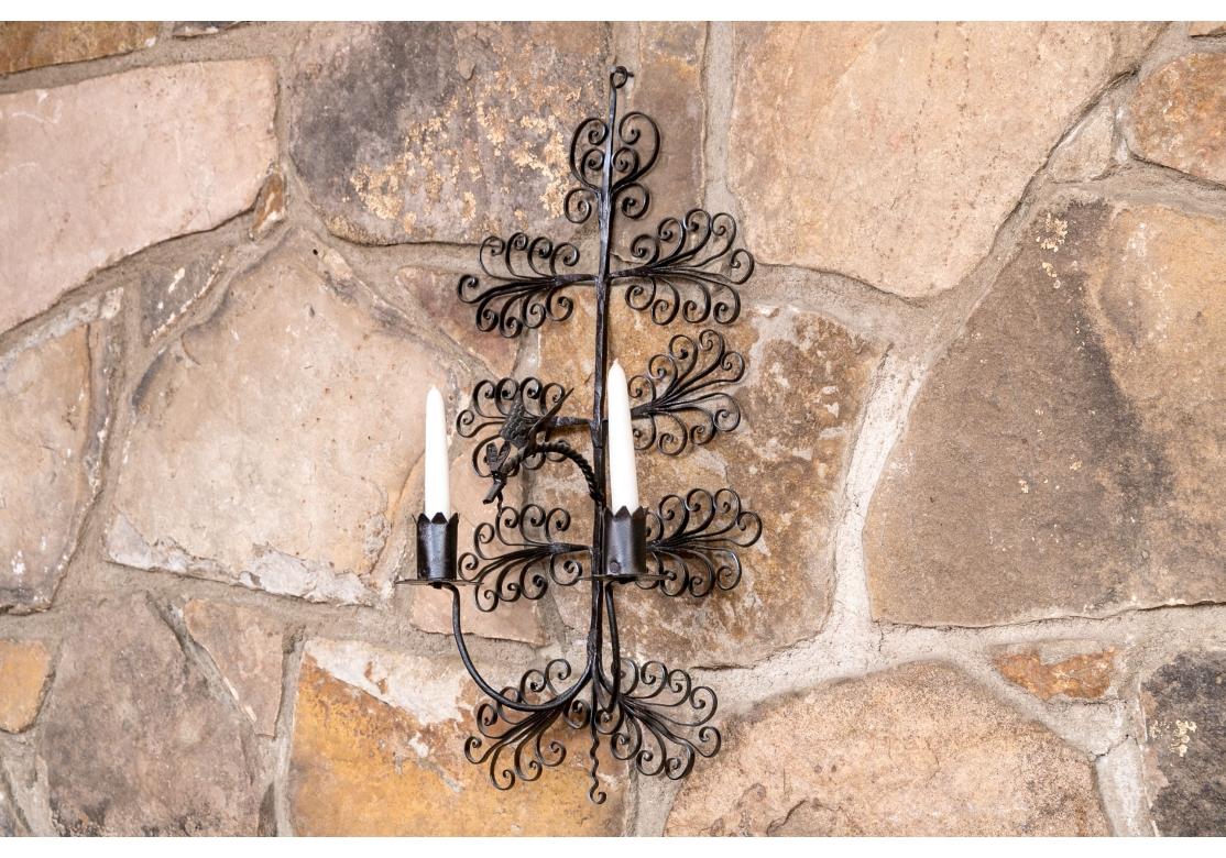 Pair Of Black Wrought Iron Candle Wall Sconces For Sale 2