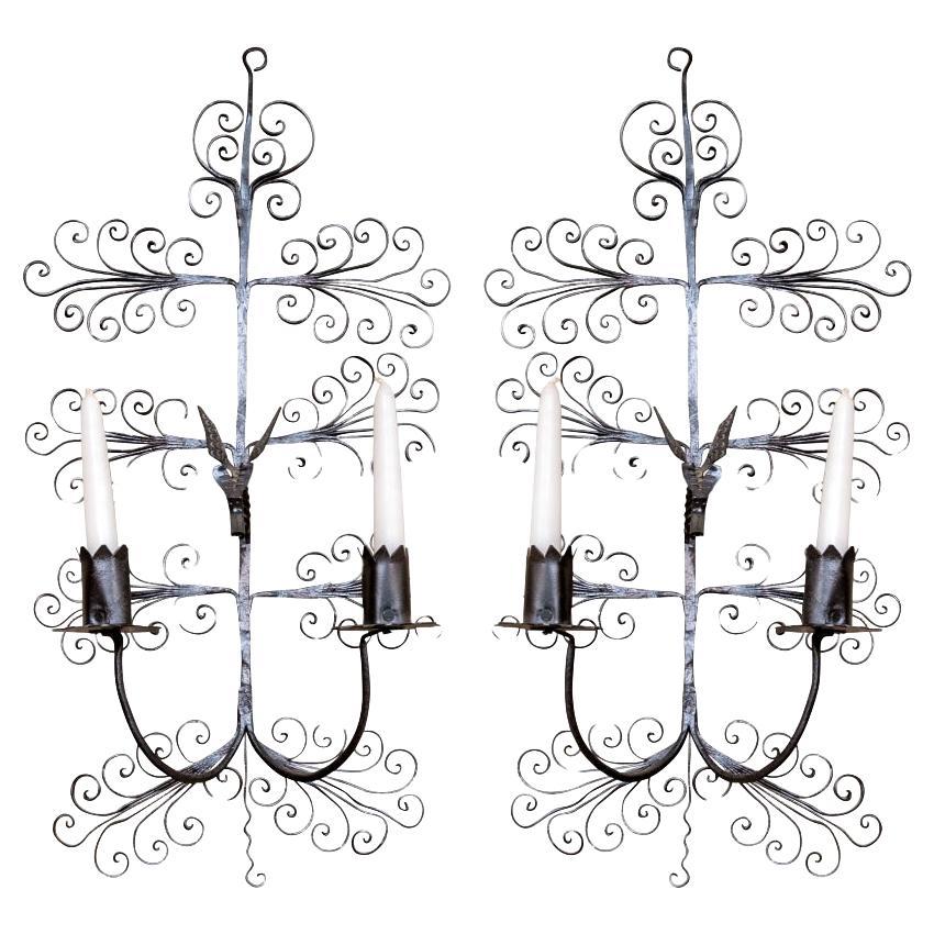Pair Of Black Wrought Iron Candle Wall Sconces For Sale
