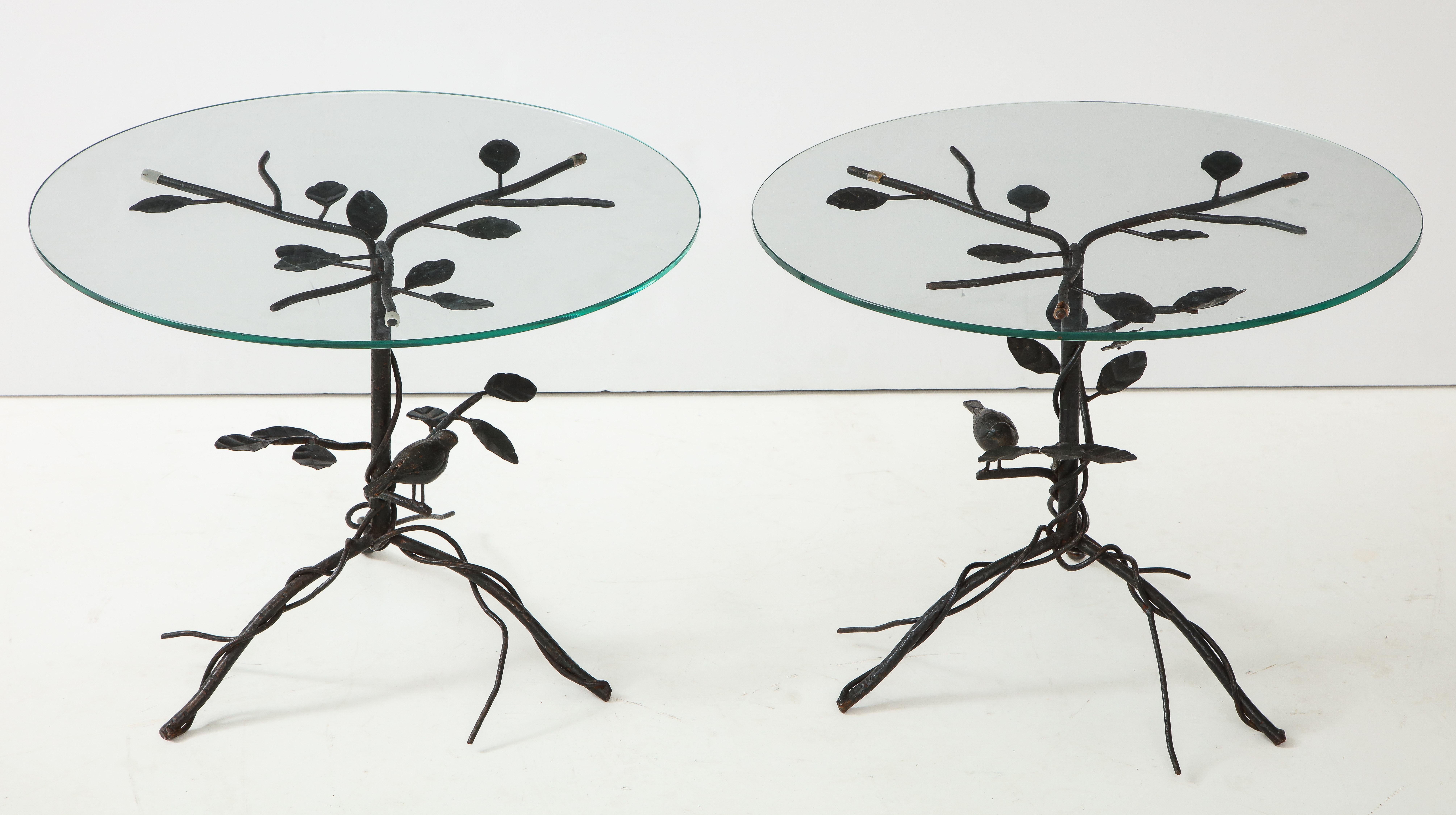 Glass Pair of Black Wrought Iron End Tables For Sale