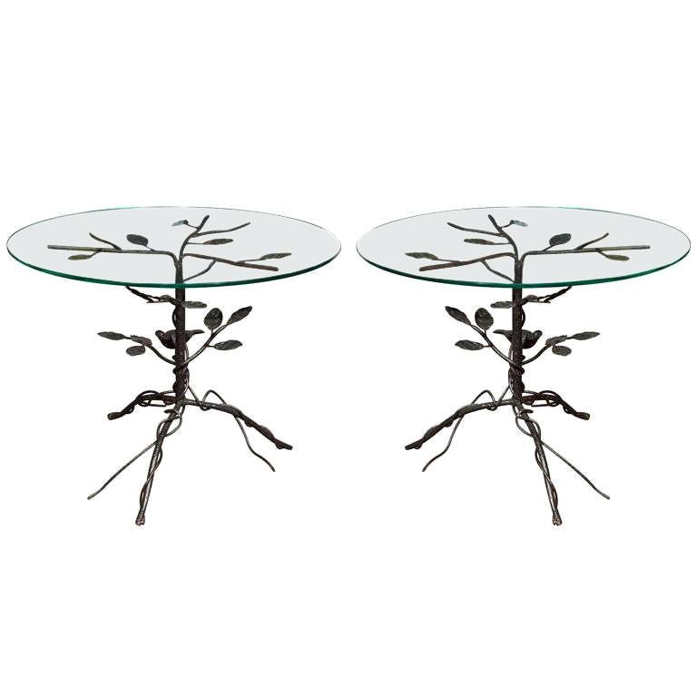 Pair of Black Wrought Iron End Tables For Sale