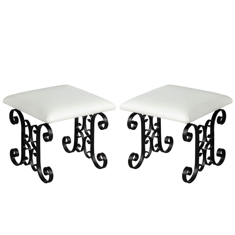 Pair of Black Wrought Iron Leather Stools
