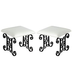 Pair of Black Wrought Iron Leather Stools