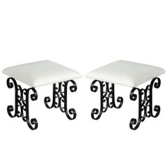 Pair of Black Wrought Iron Leather Stools