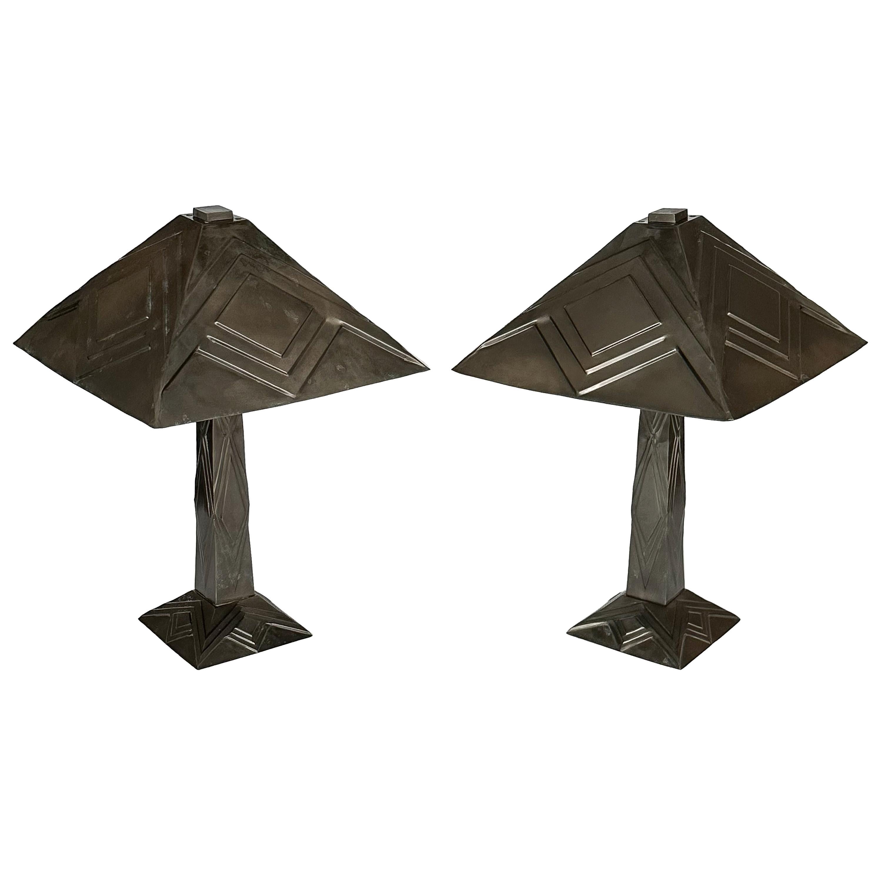 Pair of Blackened Brass Art Deco Table Lamps with Hand-Forged Shades 12