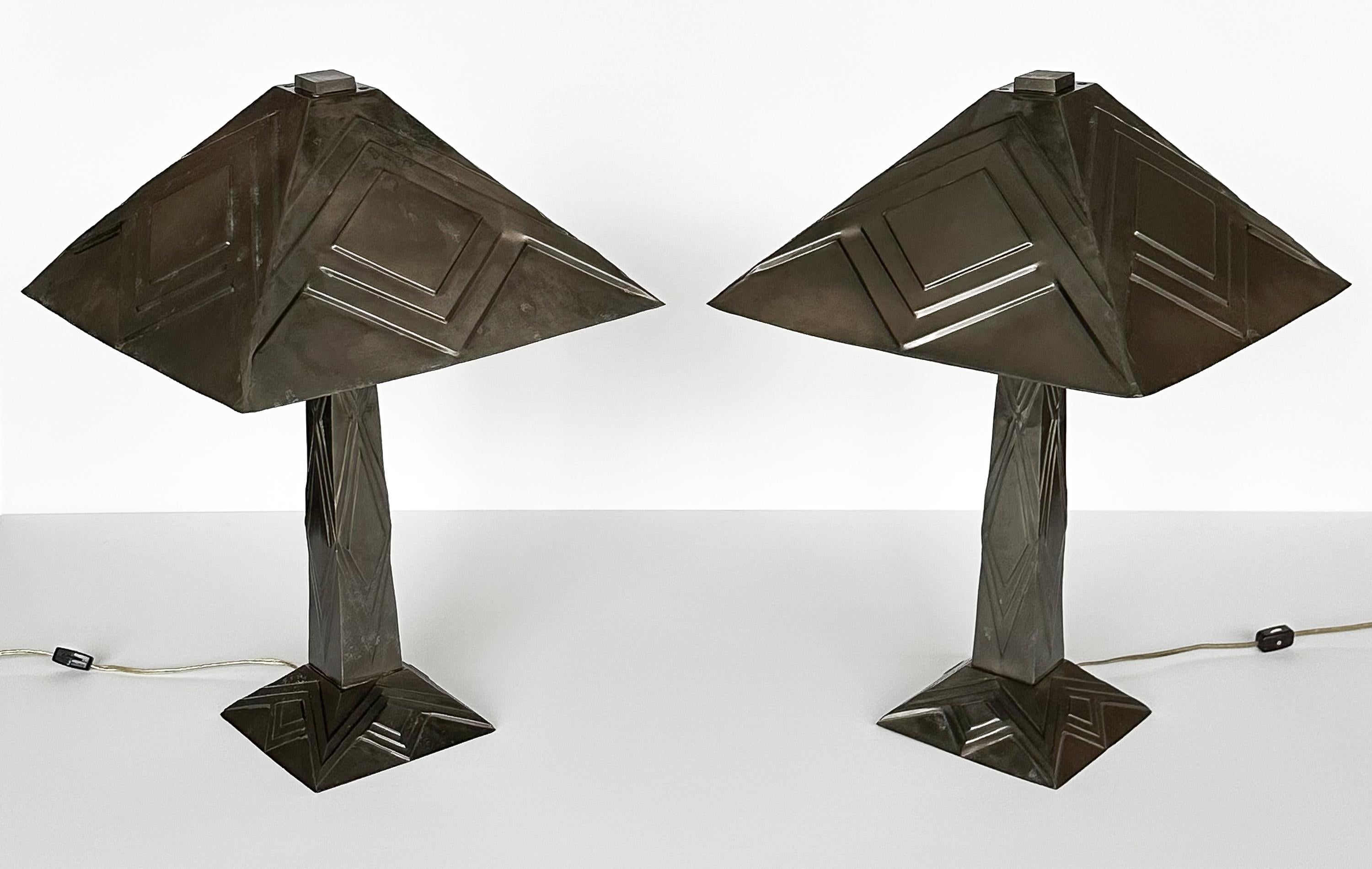 Unknown Pair of Blackened Brass Art Deco Table Lamps with Hand-Forged Shades