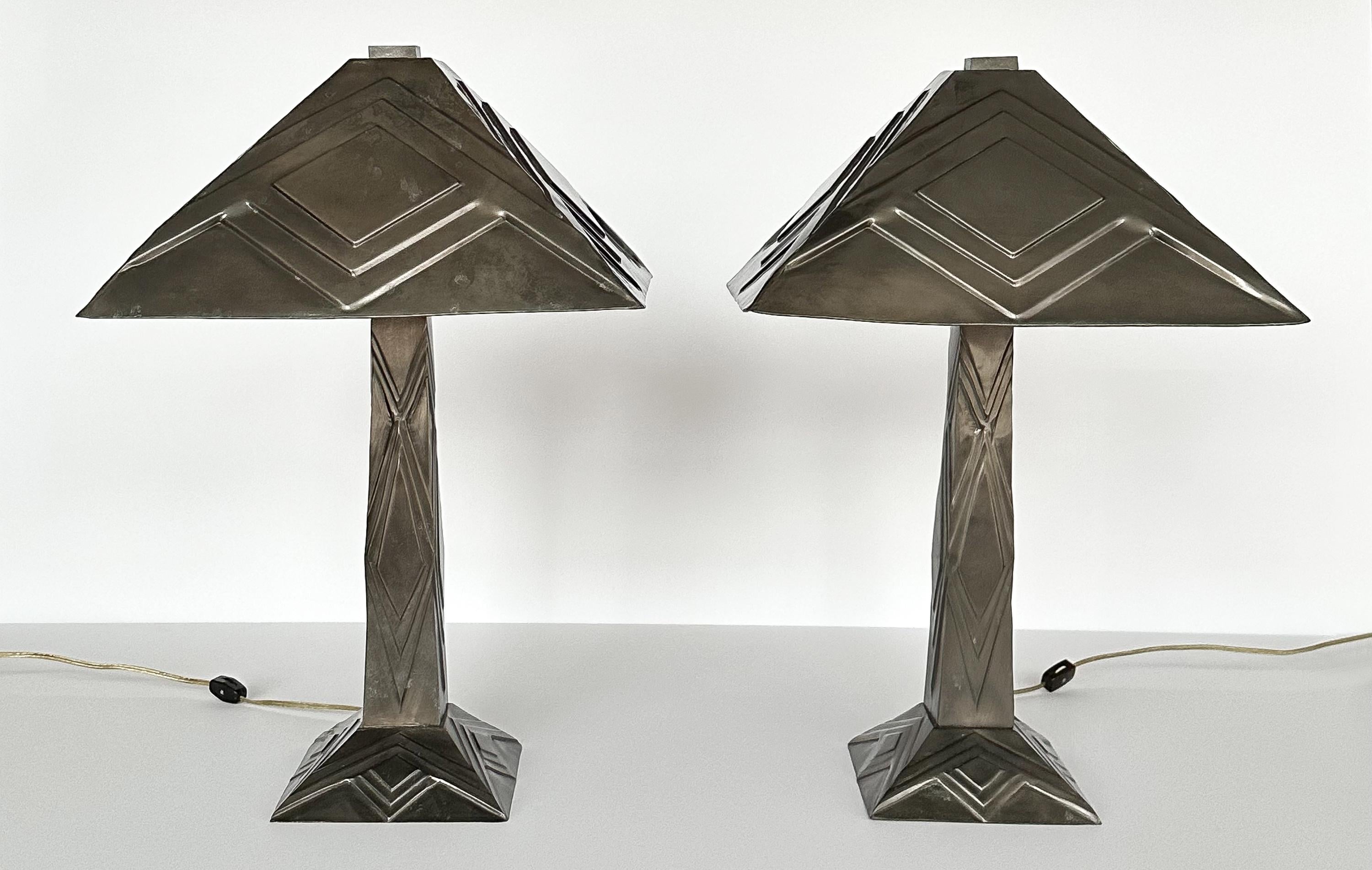 20th Century Pair of Blackened Brass Art Deco Table Lamps with Hand-Forged Shades