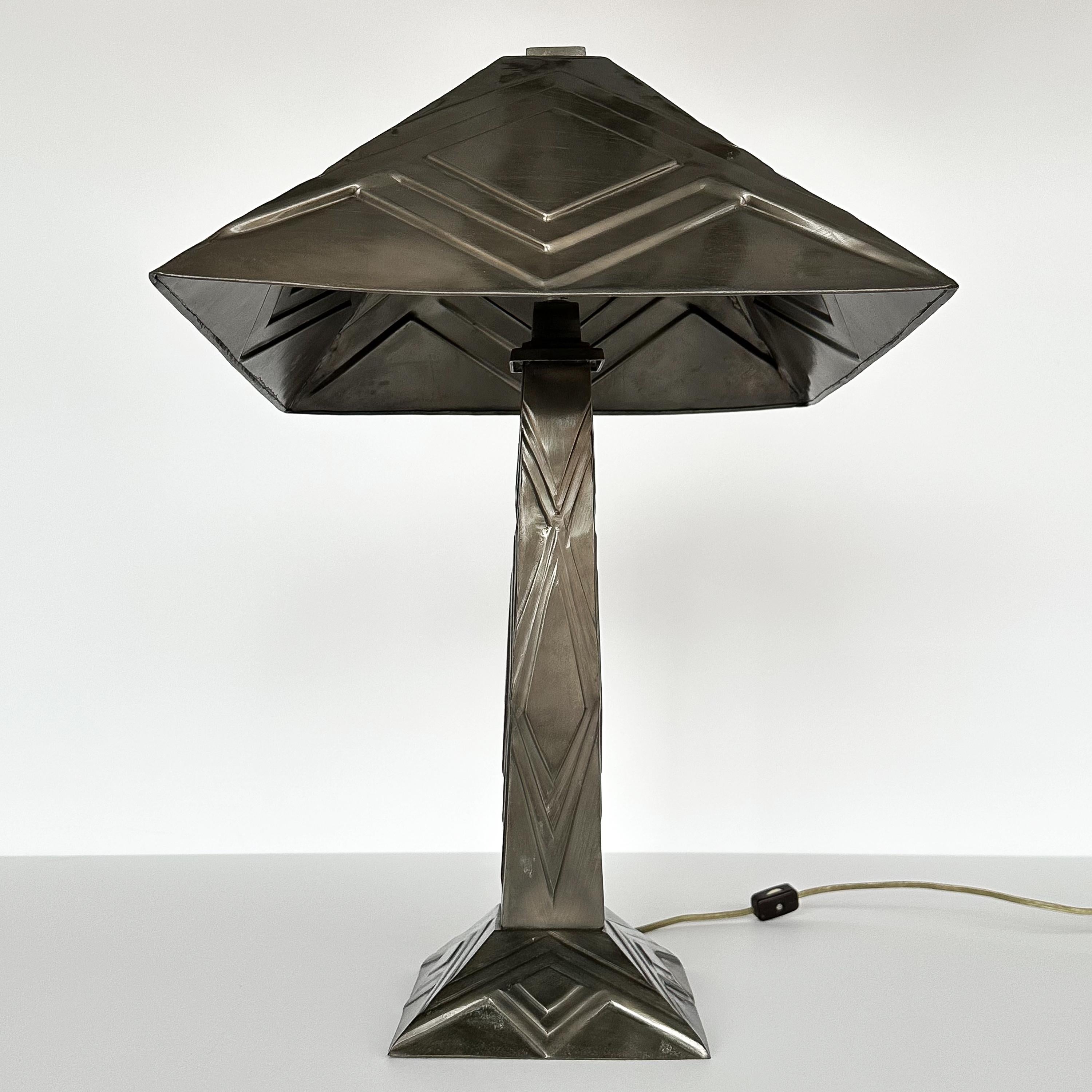 Pair of Blackened Brass Art Deco Table Lamps with Hand-Forged Shades 2
